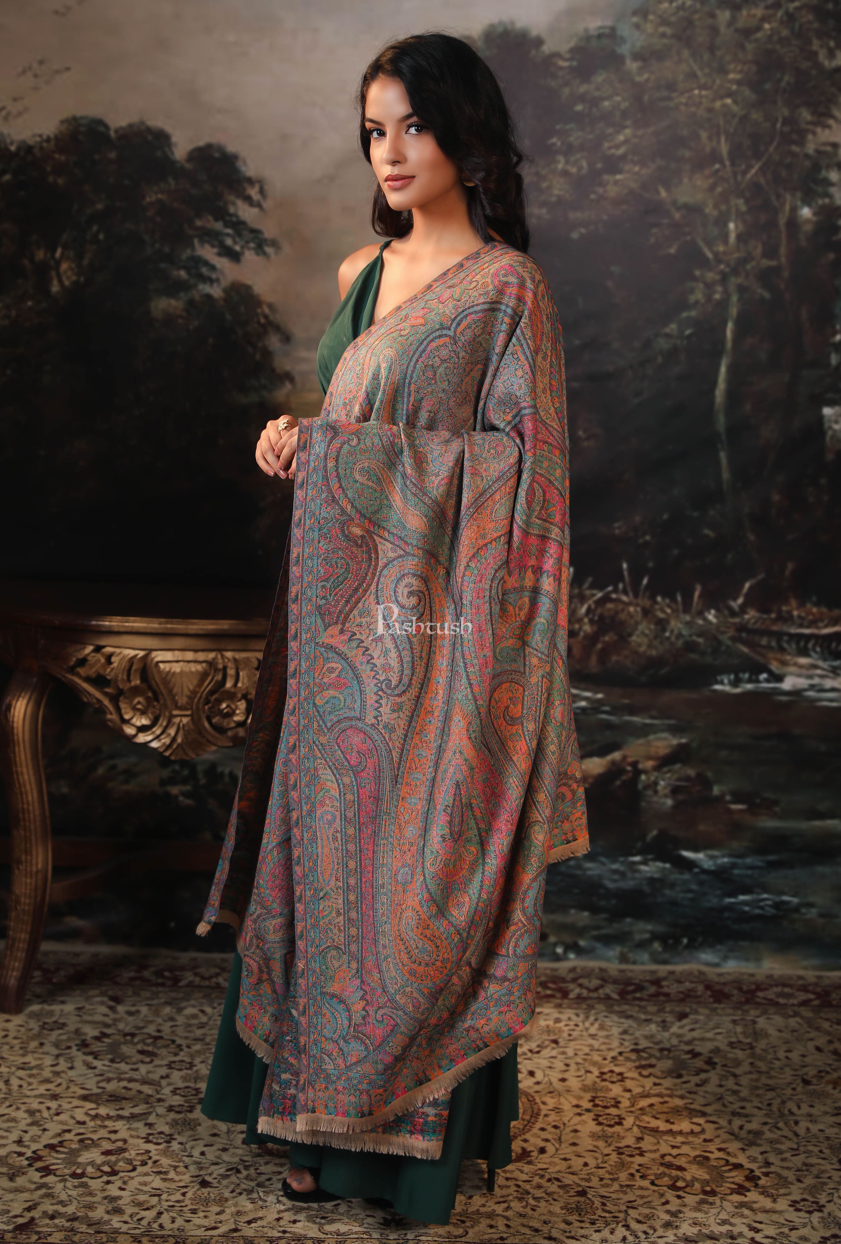 Pashtush women pure wool, woolmark certified shawl, ethnic weave design, multicolour - Image 2