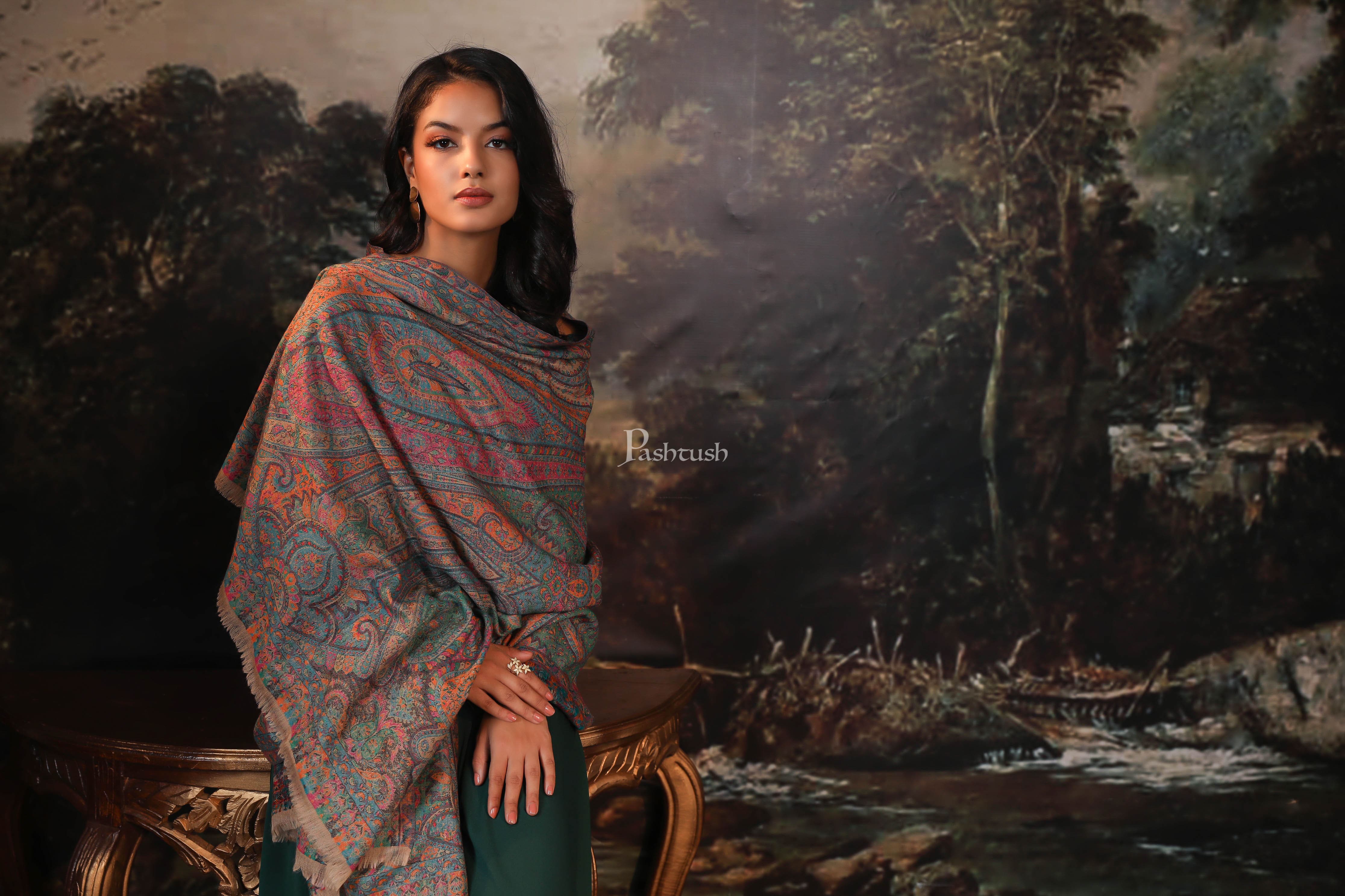 Pashtush women pure wool, woolmark certified shawl, ethnic weave design, multicolour - Image 3