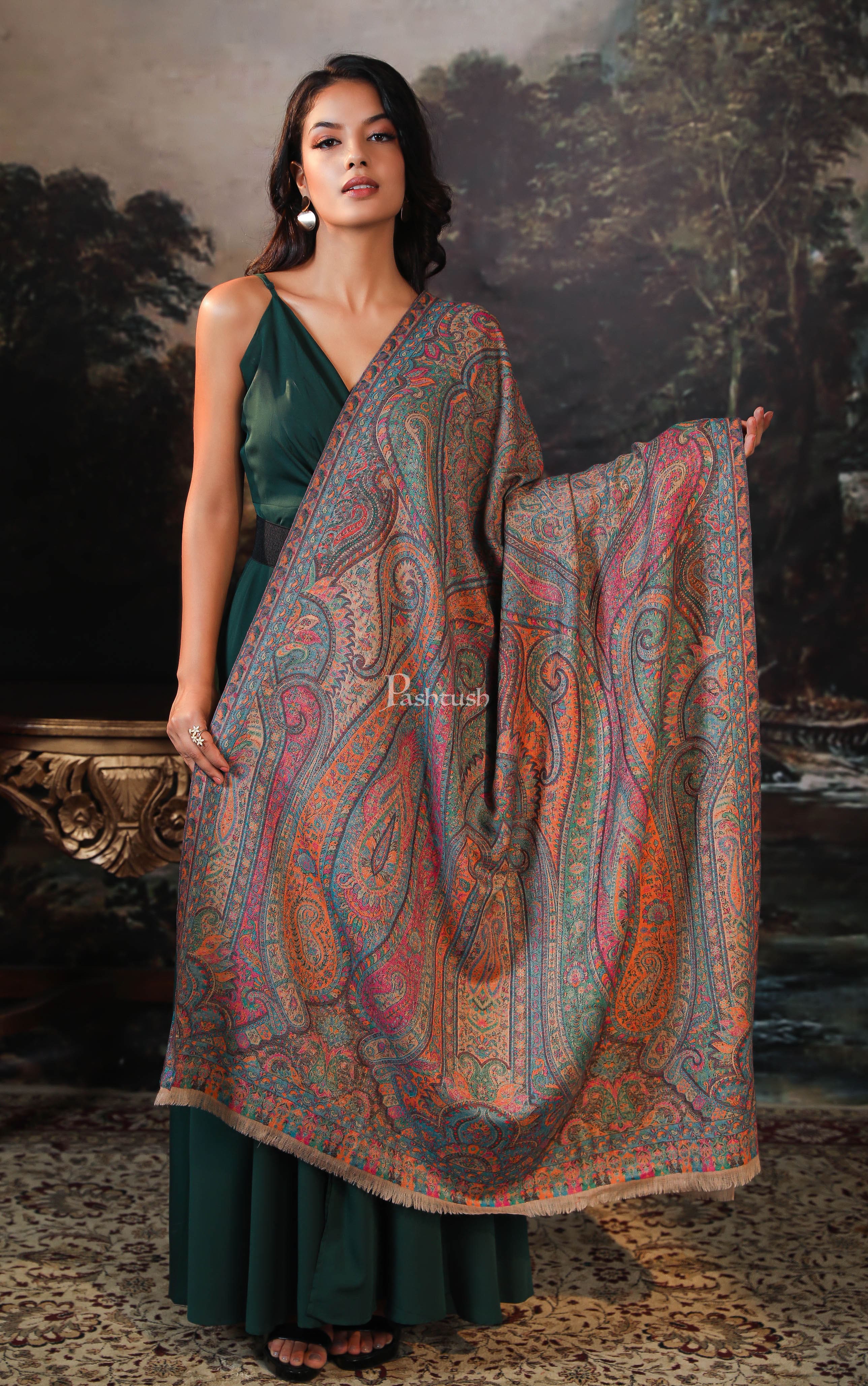 Pashtush women pure wool, woolmark certified shawl, ethnic weave design, multicolour - Image 4
