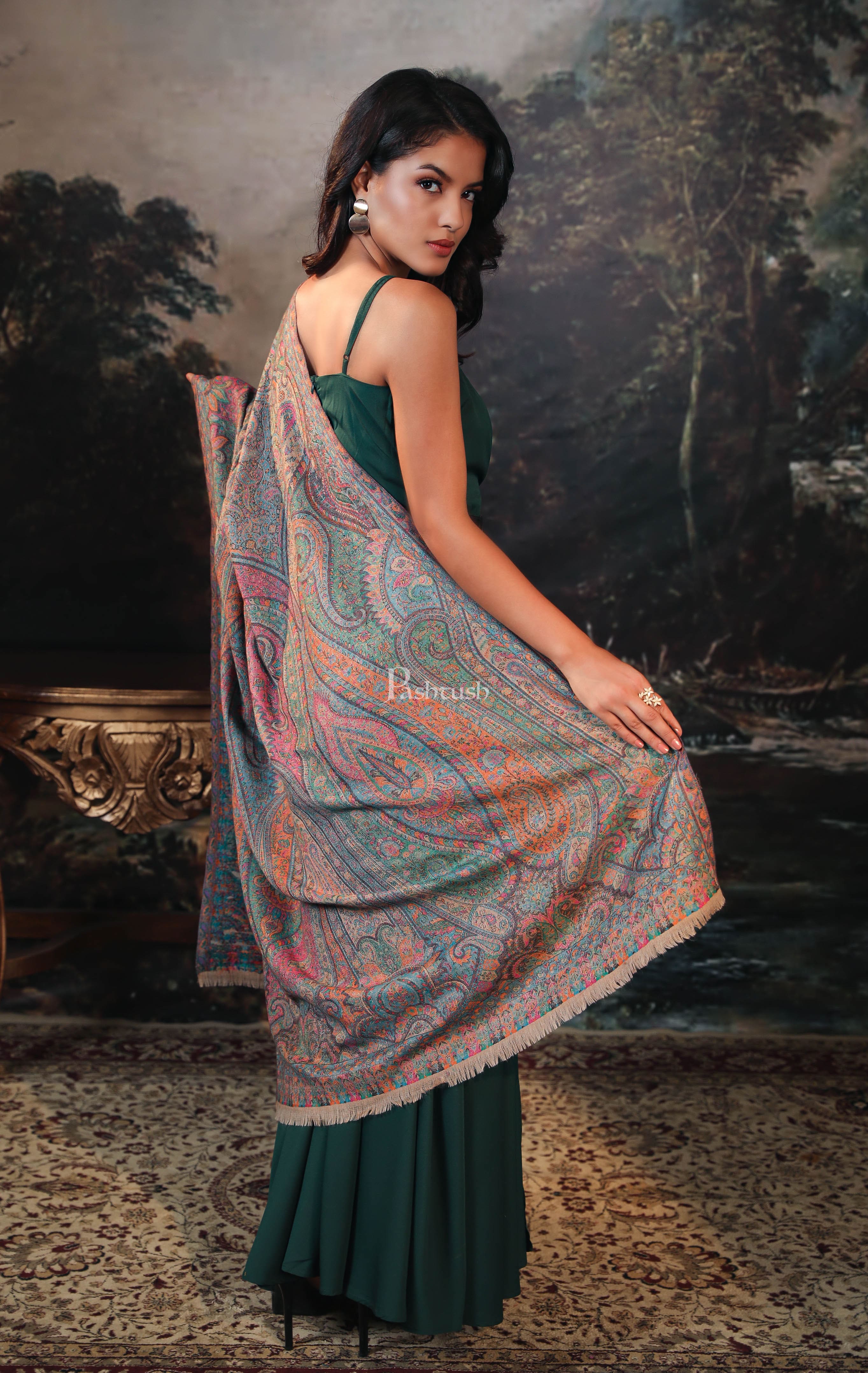 Pashtush women pure wool, woolmark certified shawl, ethnic weave design, multicolour - Image 5