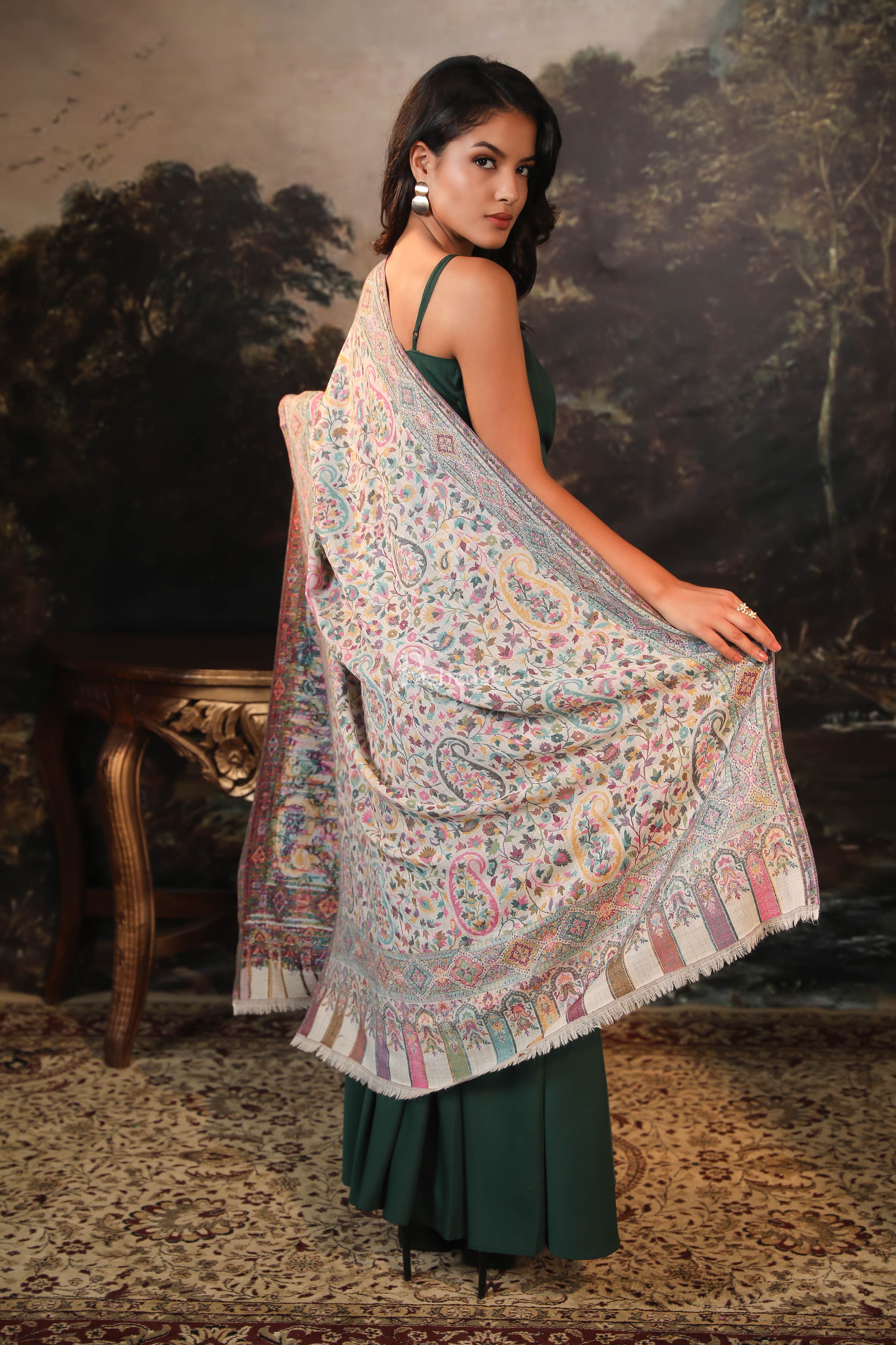 Pashtush women pure wool, woolmark certified shawl, paisley design, ivory - Image 6