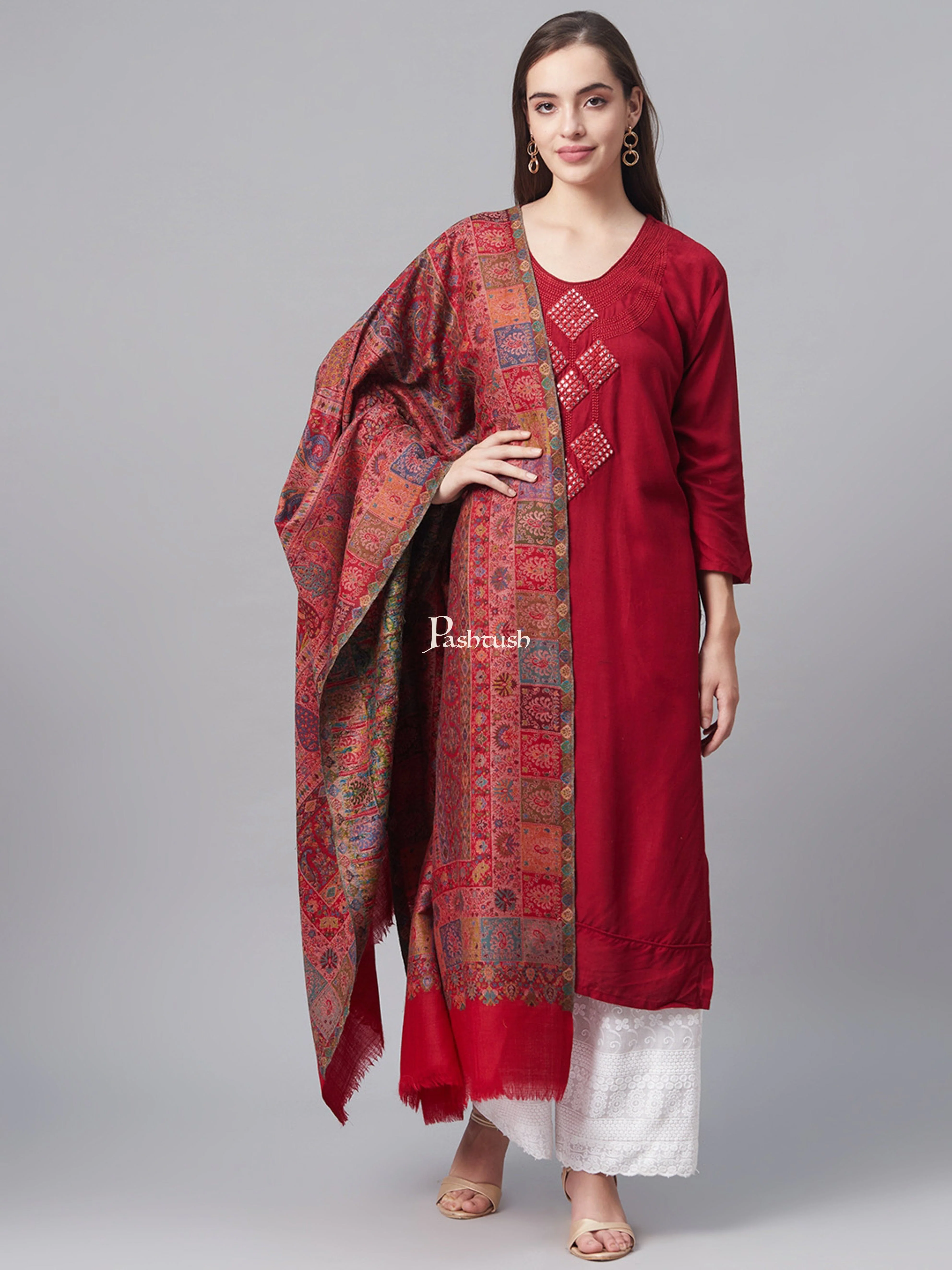 Pashtush Womens Pure Wool Ethnic Shawl, Soft And Warm, Woolmark Certified