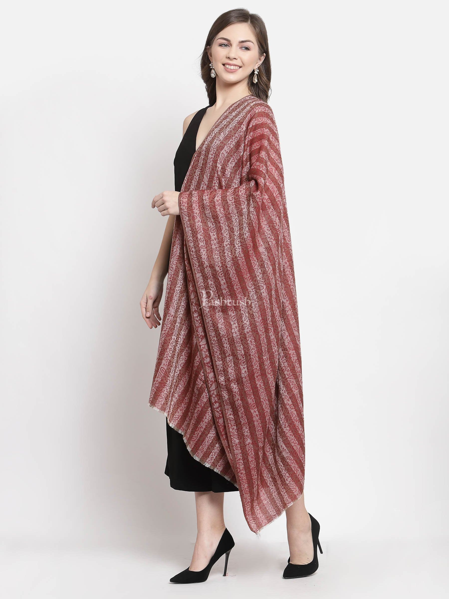 Pashtush Women Red Beige Striped Stole, Soft Fine Wool - Image 2