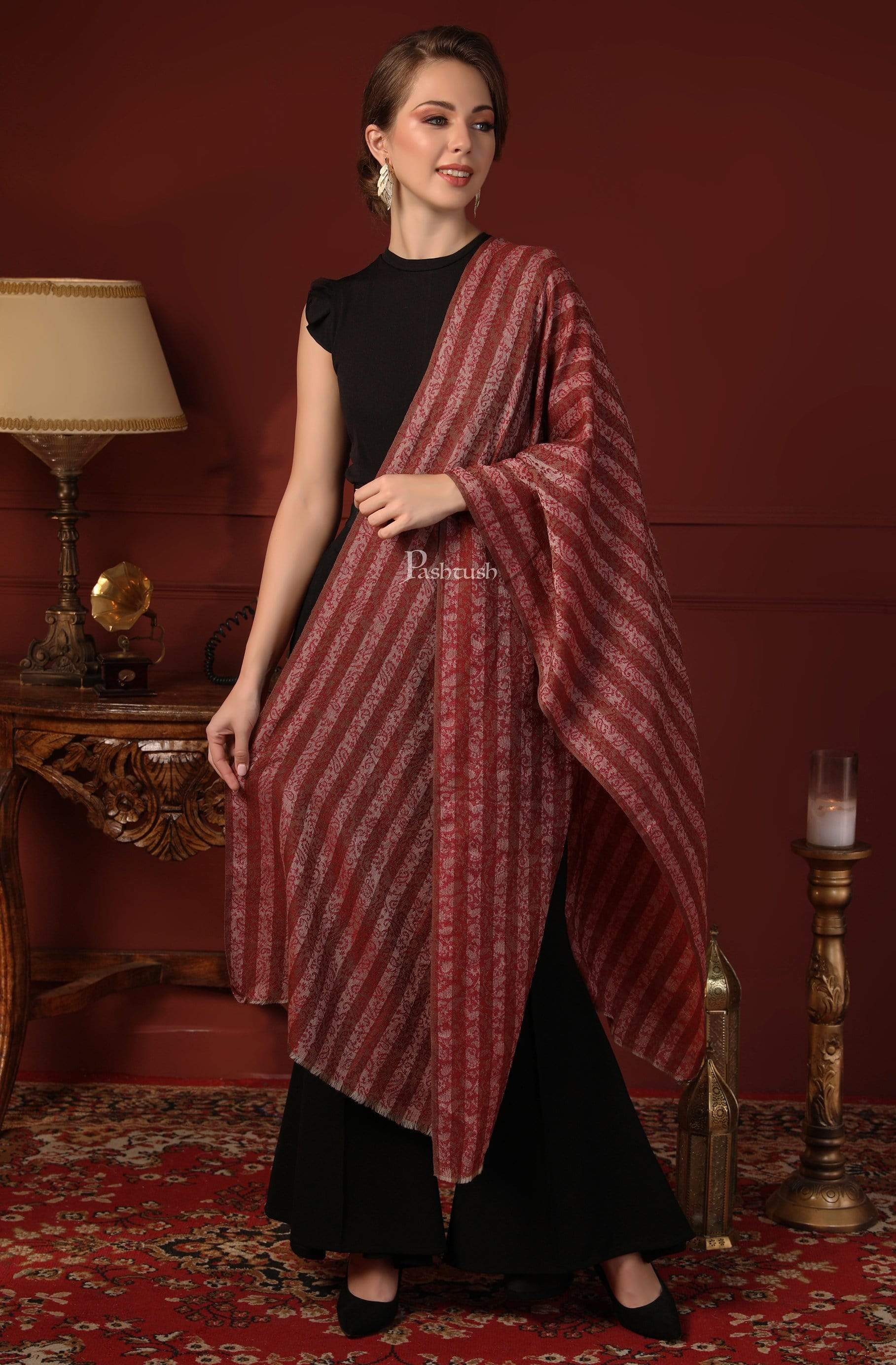 Pashtush Women Red Beige Striped Stole, Soft Fine Wool - Image 4