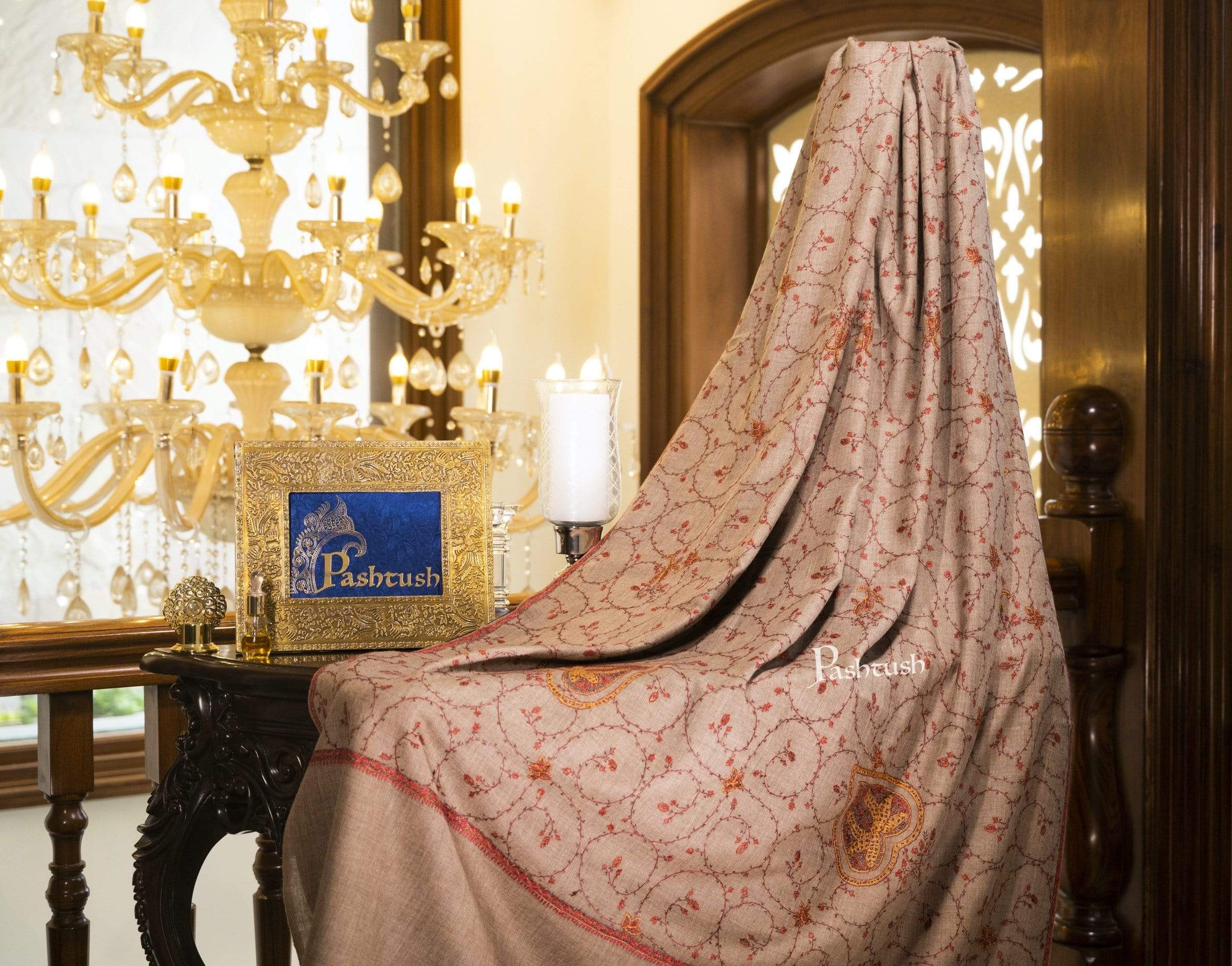 Pashtush Women’s 100% Hand Embroidered Heavy Jaal Shawl In Pure Wool (Certified) - Image 3