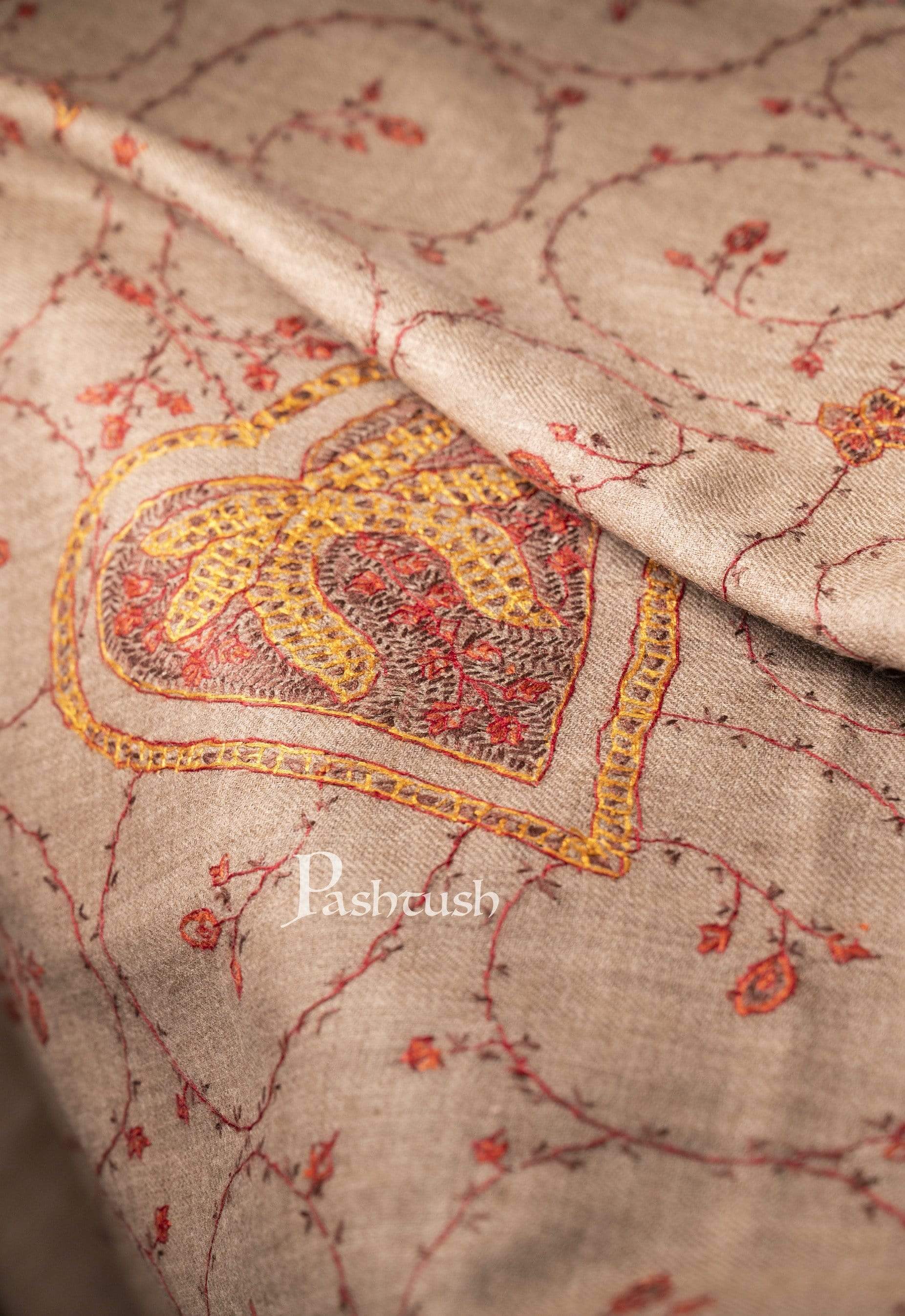 Pashtush Women’s 100% Hand Embroidered Heavy Jaal Shawl In Pure Wool (Certified) - Image 4