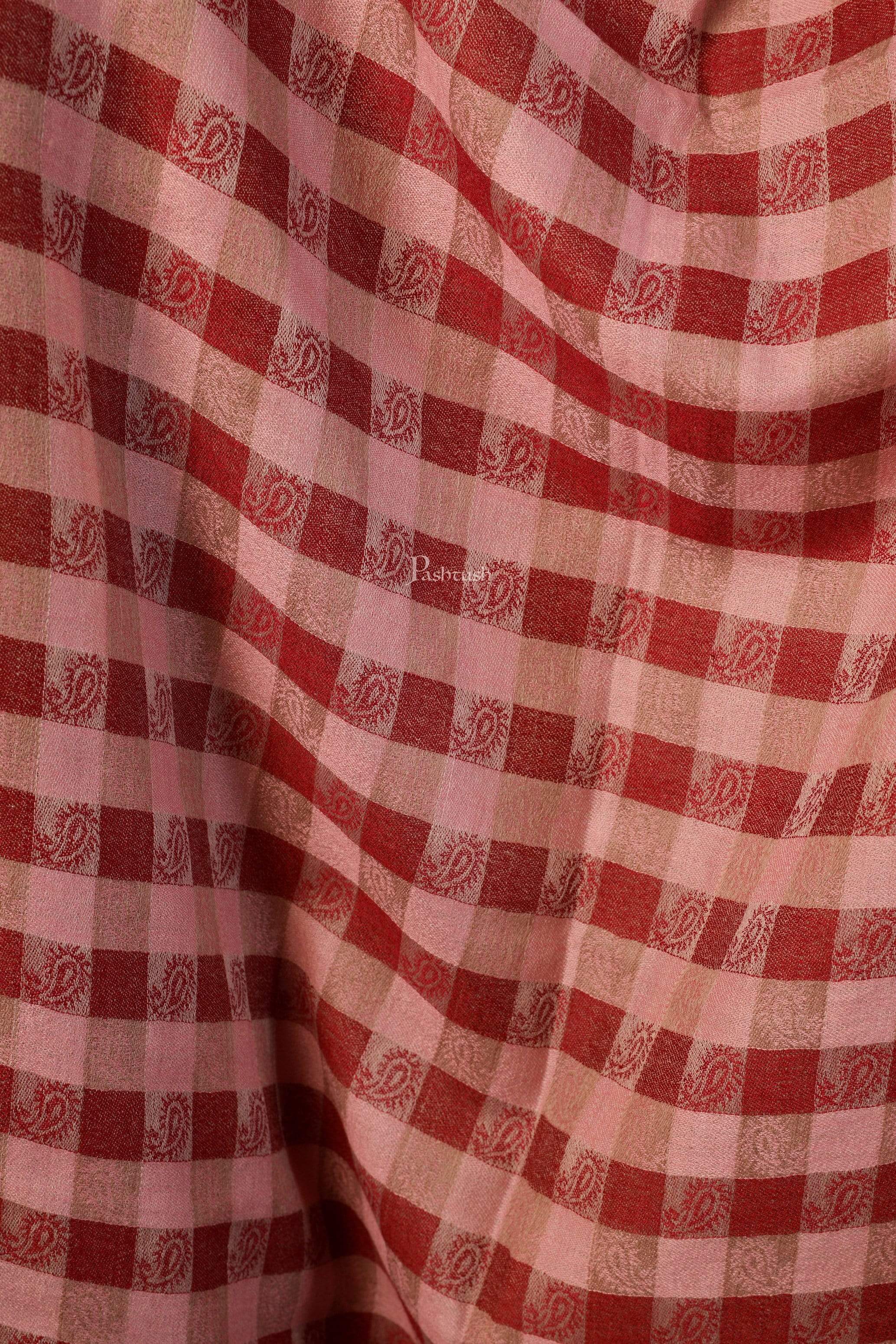 Pashtush Women’s Extra Fine Soft Wool Checkered Stole, Beige And Maroon - Image 2