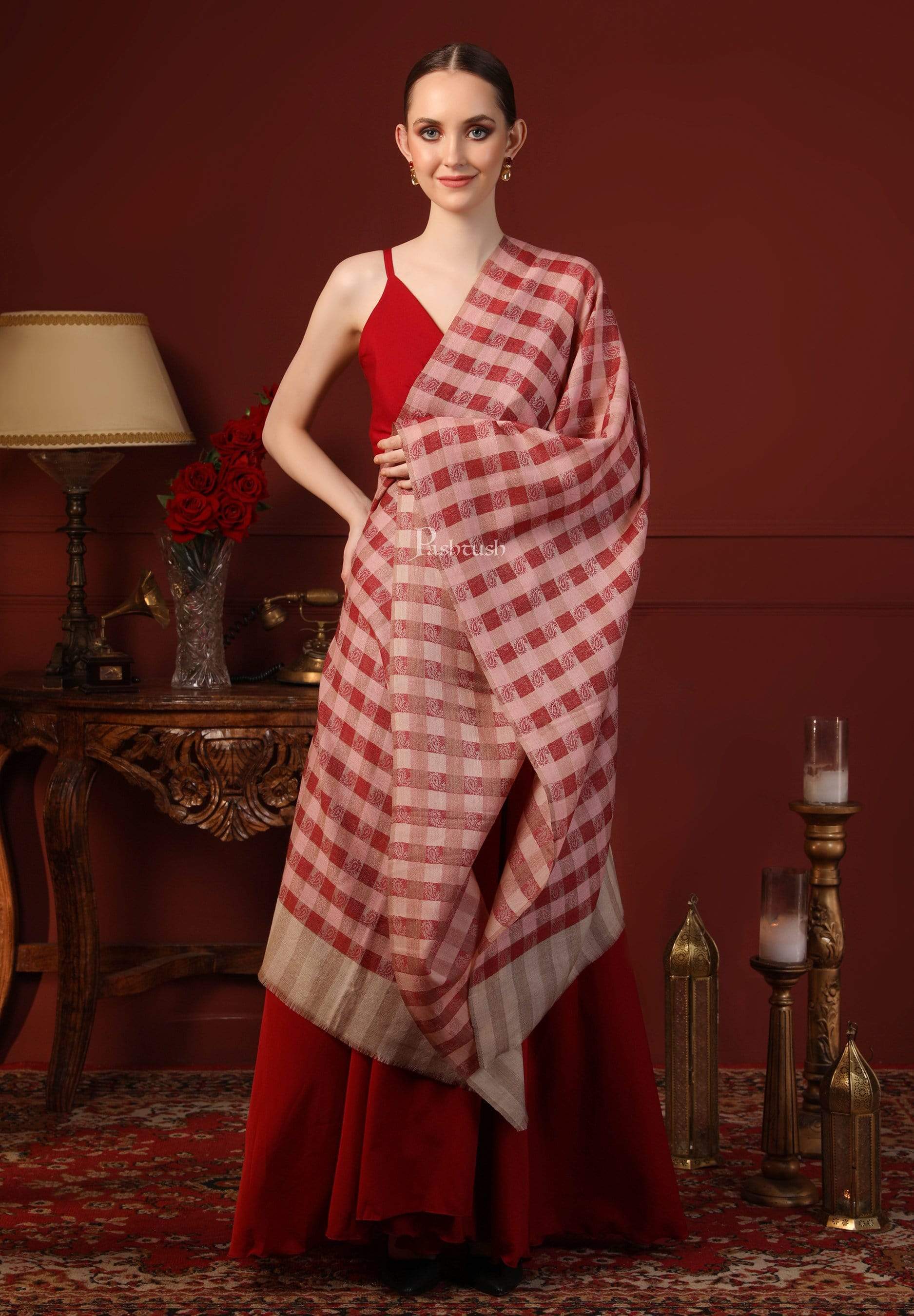 Pashtush Women’s Extra Fine Soft Wool Checkered Stole, Beige And Maroon - Image 5