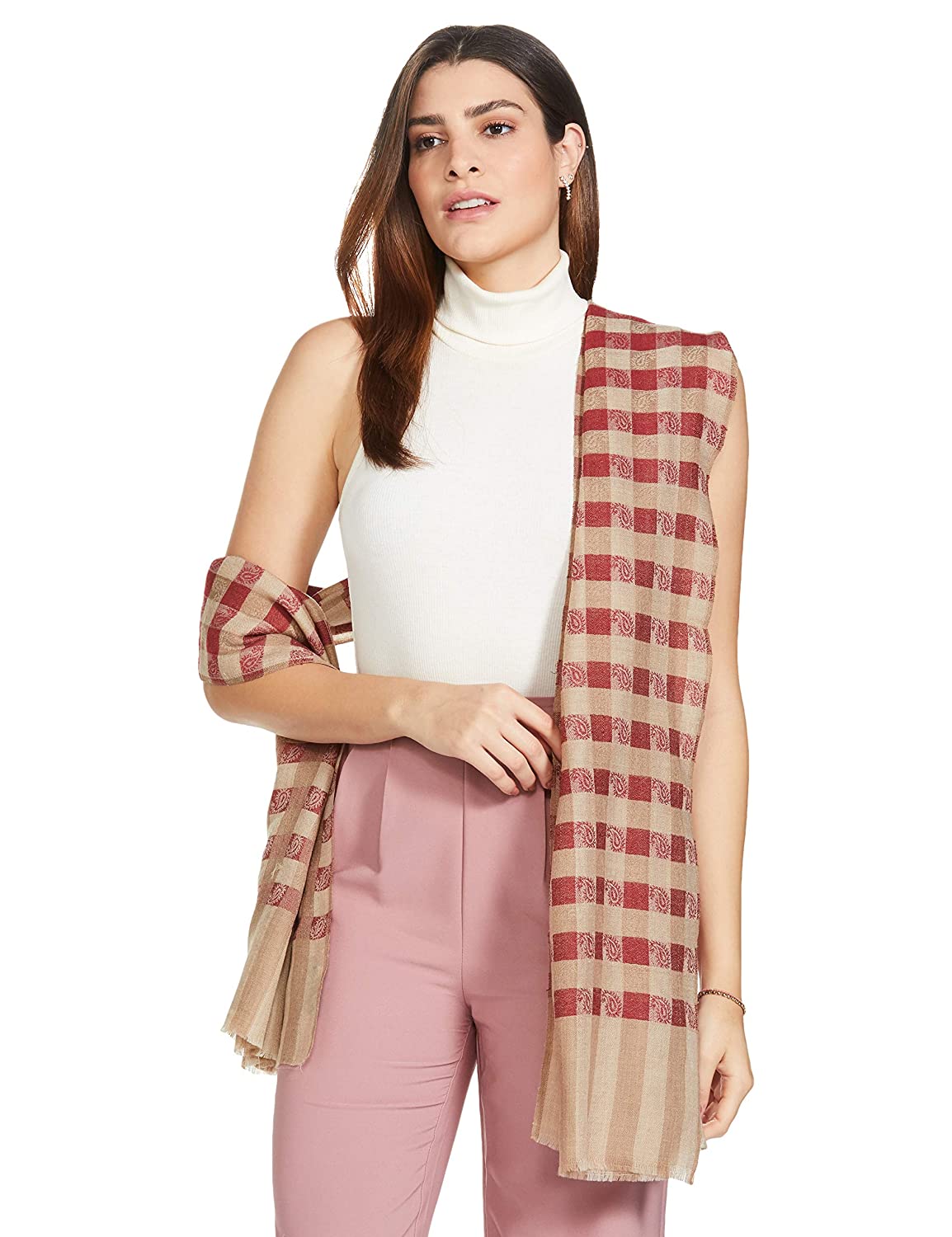 Pashtush Women’s Extra Fine Soft Wool Checkered Stole, Beige And Red - Image 6