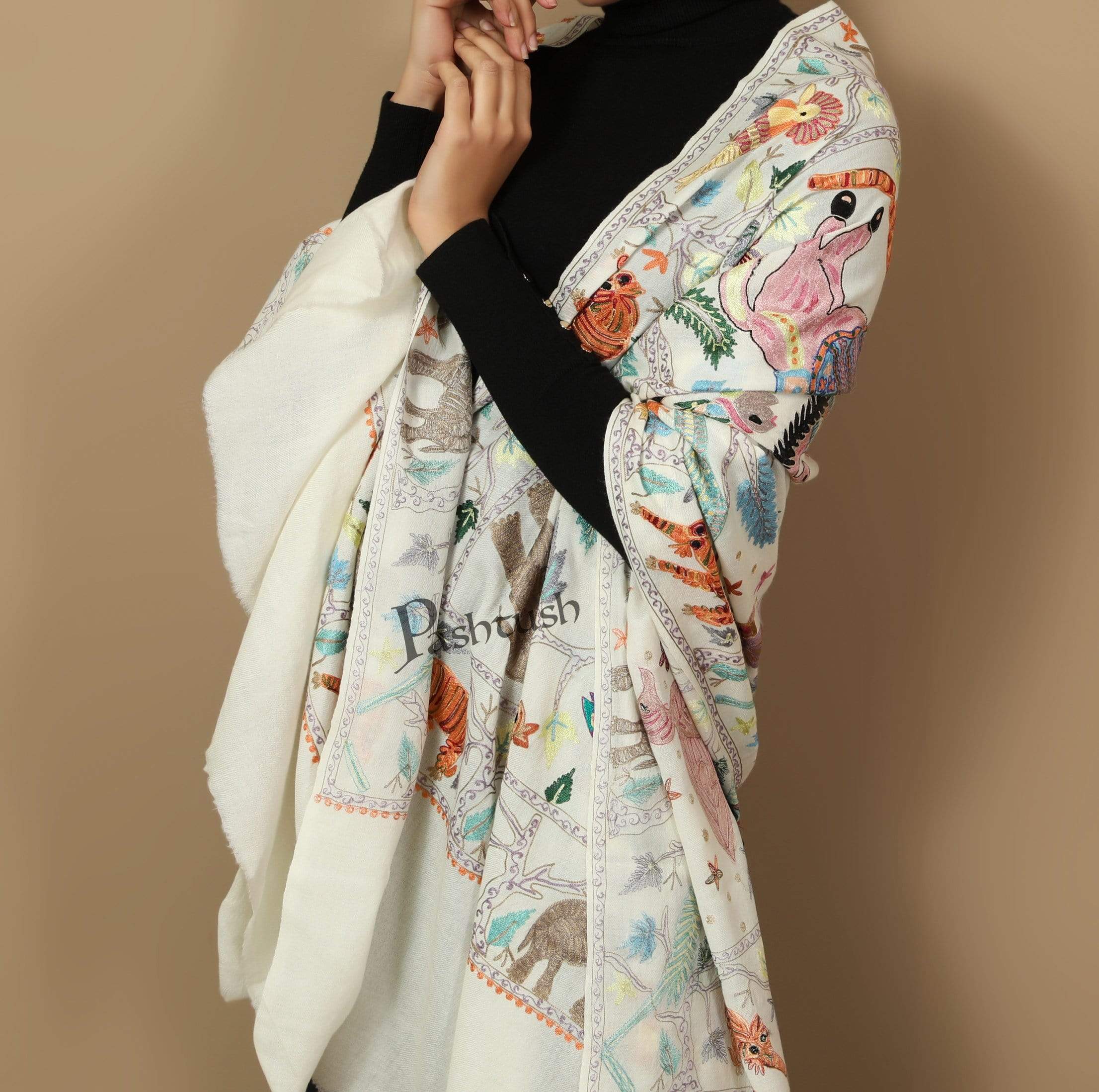 Pashtush Women’s Hand Embroidered Heavy Nalki Jaal Shawl In Pure Wool (Certified) - Image 4
