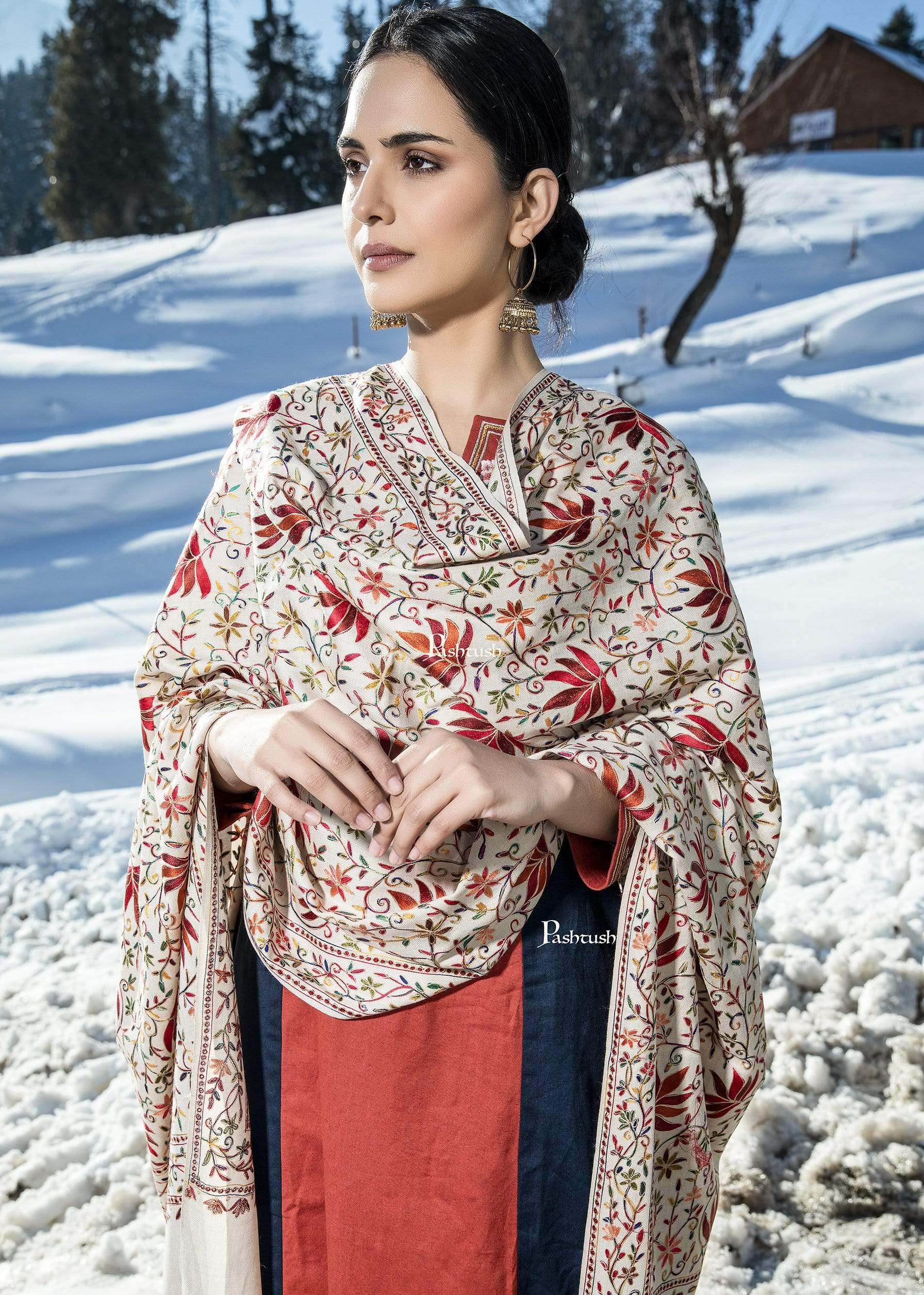 Pashtush Women’s Hand Embroidered Heavy Nalki Jaal Shawl - Image 7