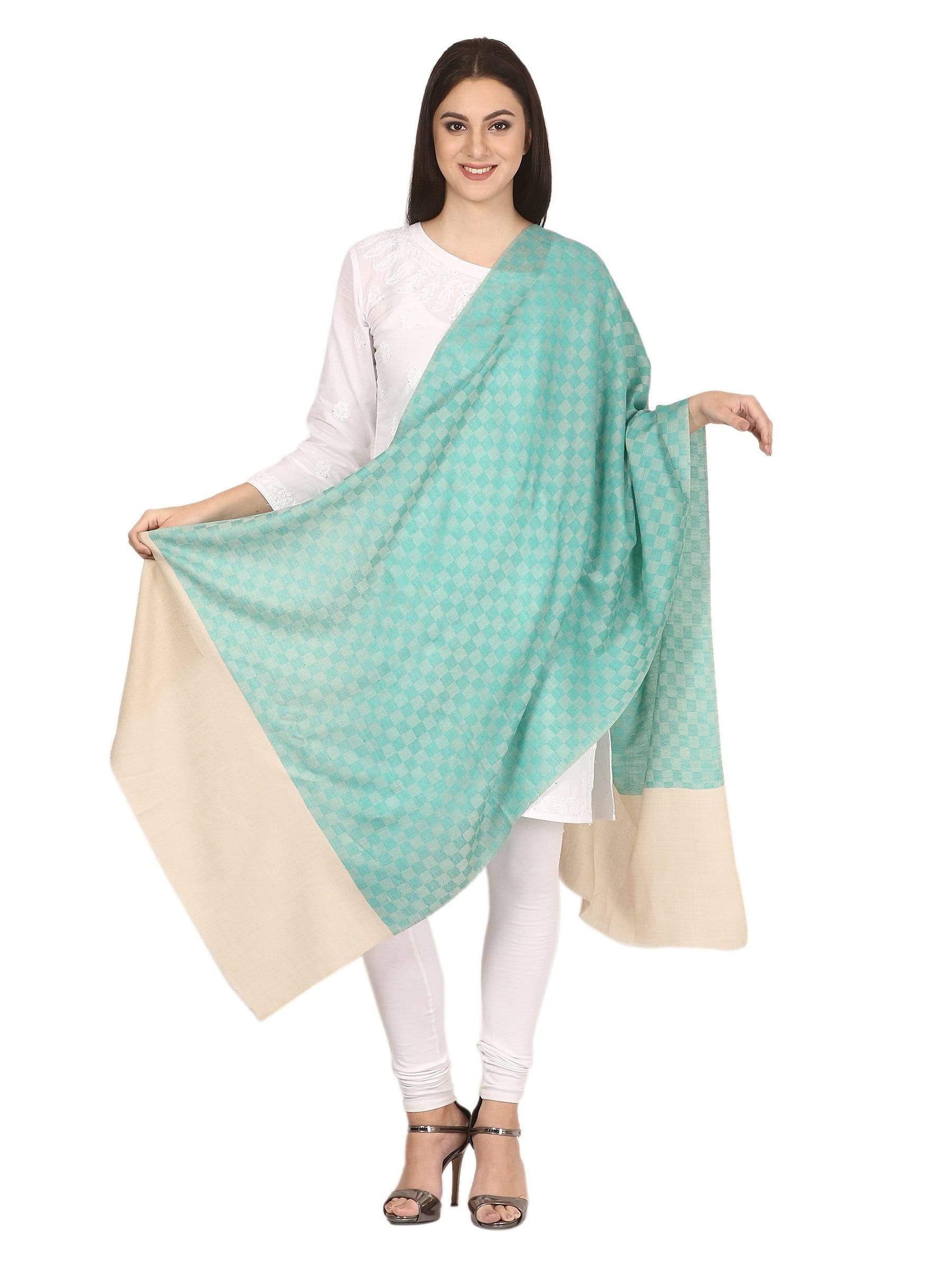 Pashtush Women’s Extra Fine Soft Wool Checkered Stole Sea Green - Image 3