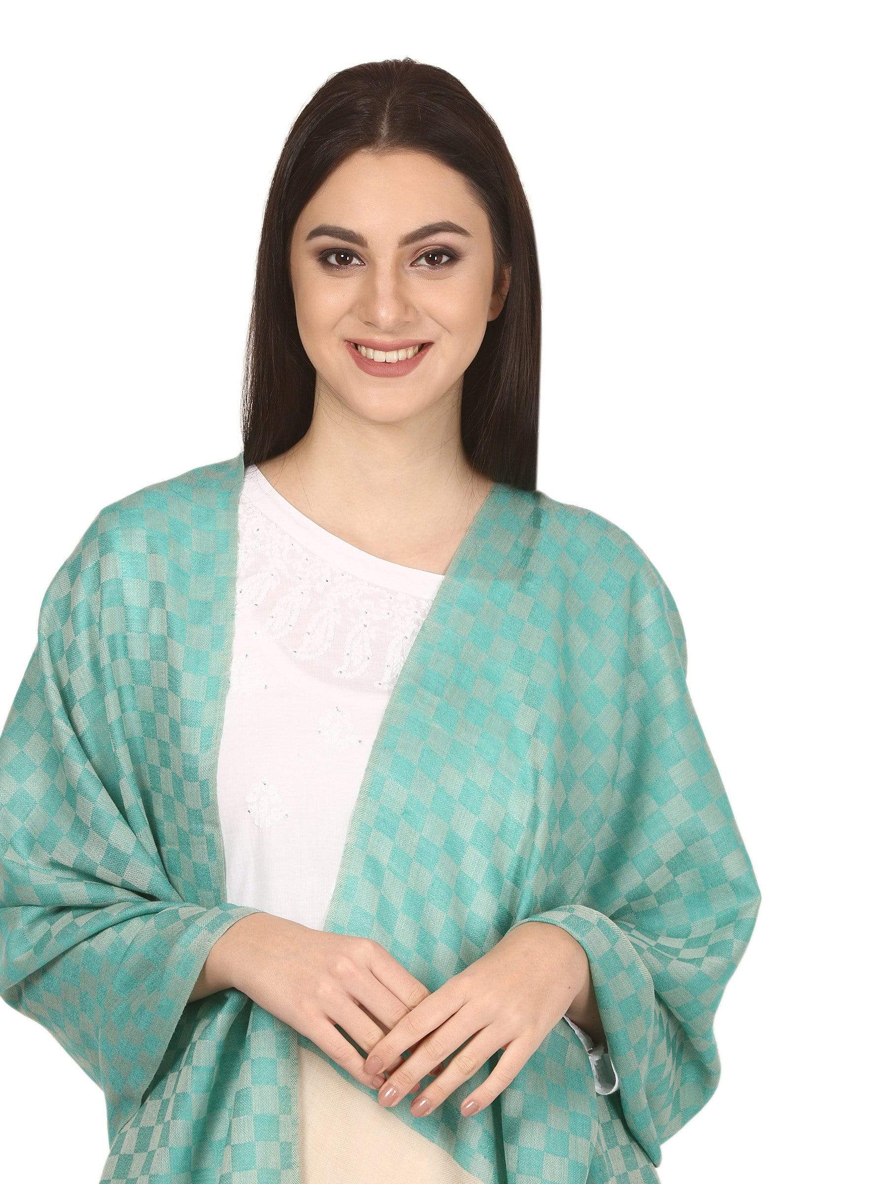 Pashtush Women’s Extra Fine Soft Wool Checkered Stole Sea Green - Image 4