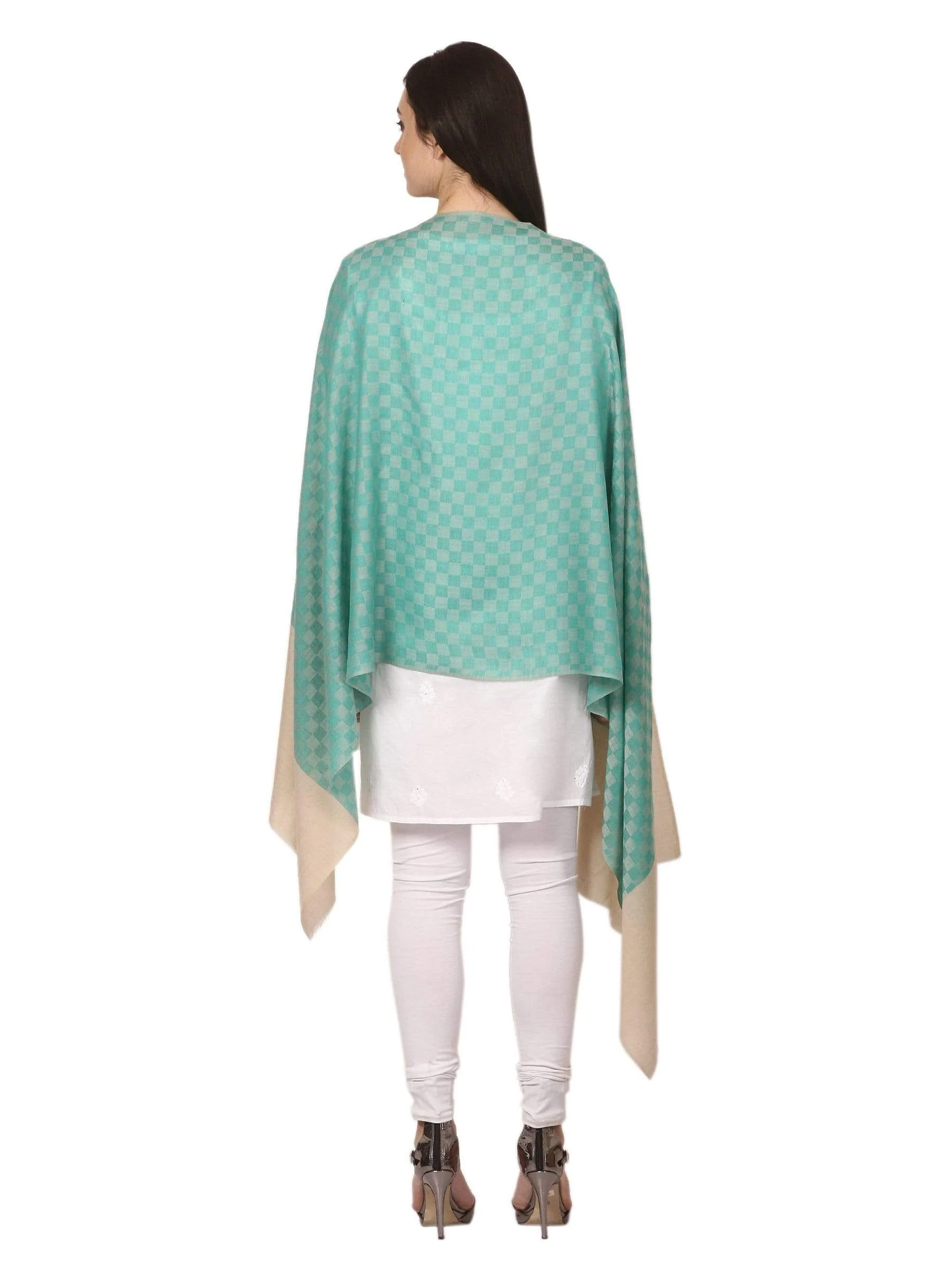 Pashtush Women’s Extra Fine Soft Wool Checkered Stole Sea Green - Image 6