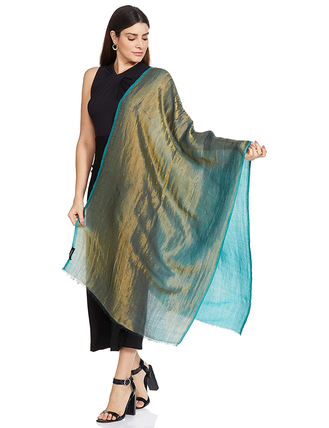 Pashtush Womens Twilight Scarf, Reversible Golden Weave, Aqua Blue And Gold