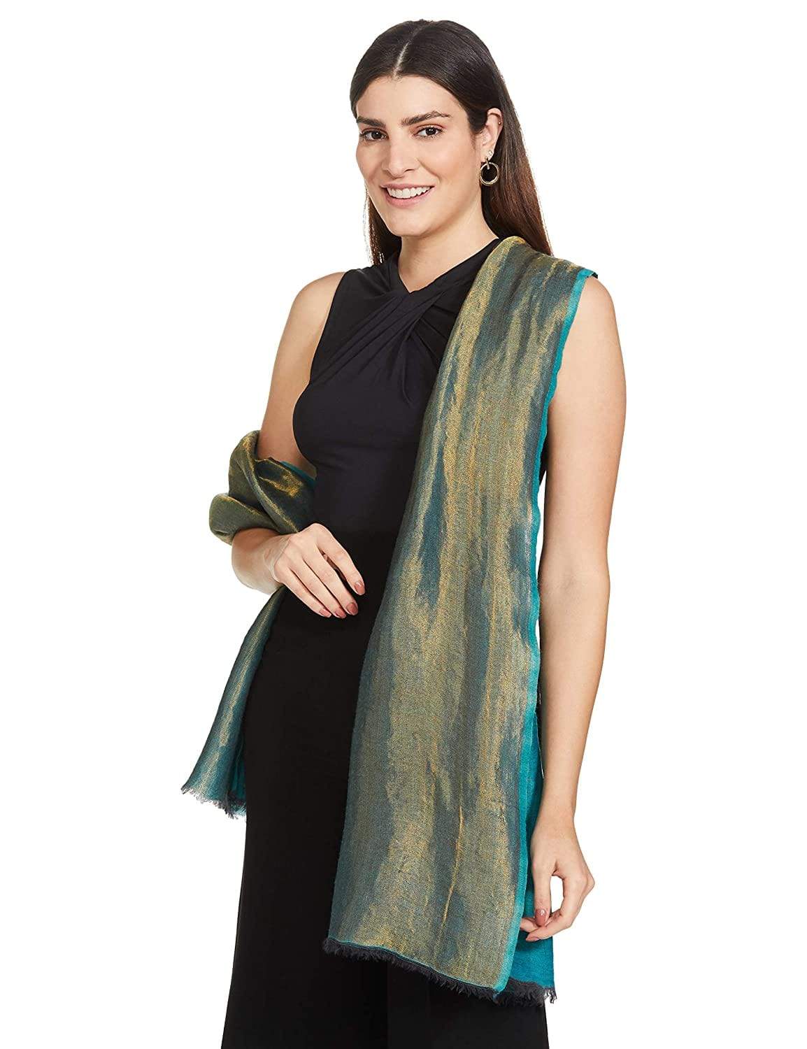 Pashtush Womens Twilight Scarf, Reversible Golden Weave, Aqua Blue And Gold - Image 3