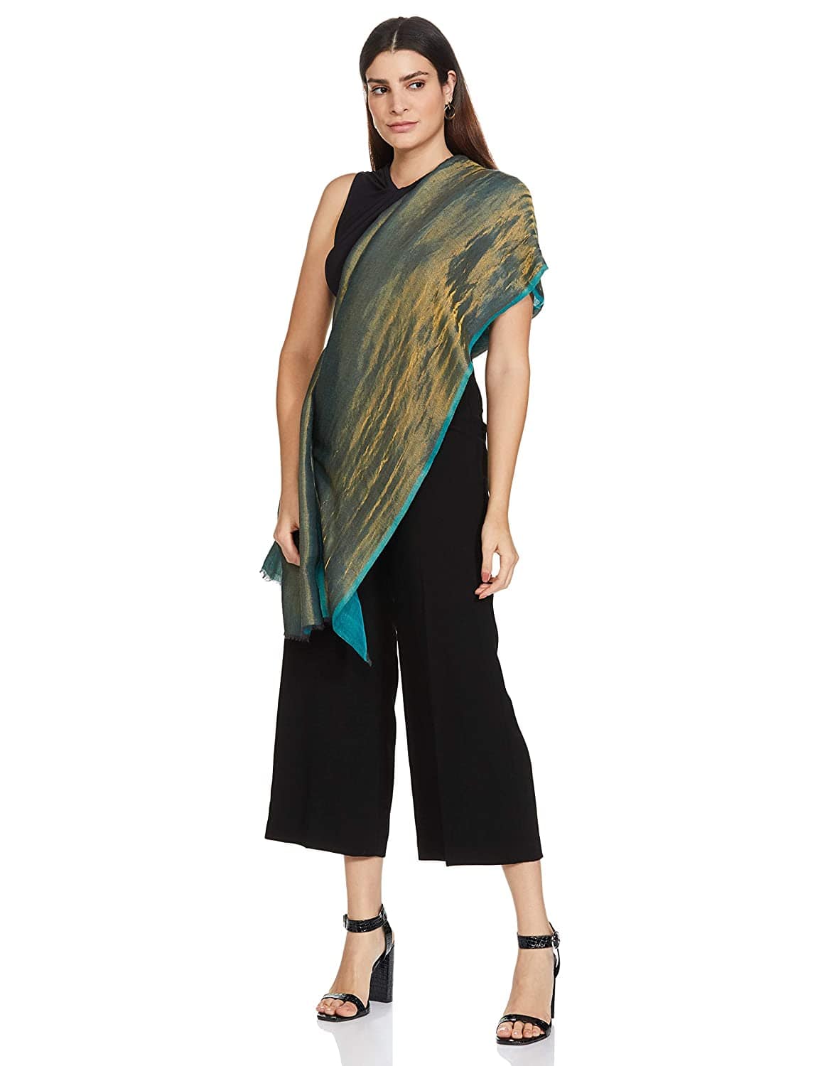 Pashtush Womens Twilight Scarf, Reversible Golden Weave, Aqua Blue And Gold - Image 5