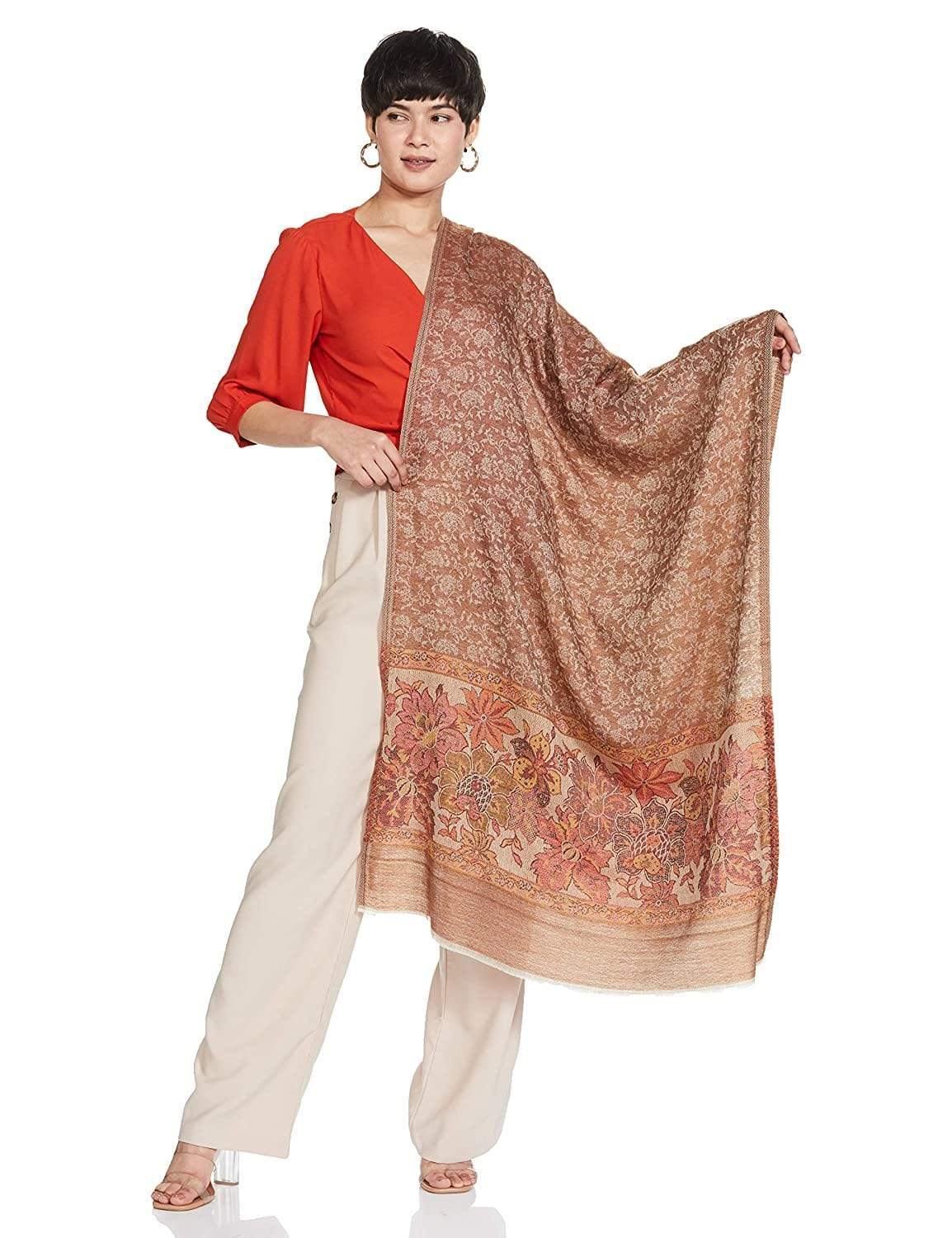 Pashtush Women'S Soft Wool Stole, Soft Wool Scarf, Floral Coffee