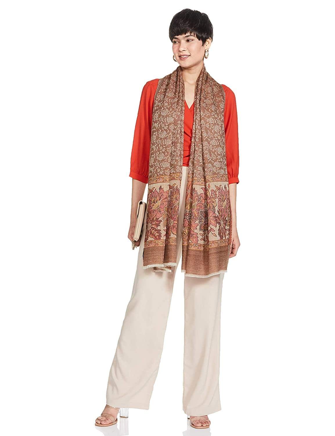 Pashtush Women'S Soft Wool Stole, Soft Wool Scarf, Floral Coffee - Image 3