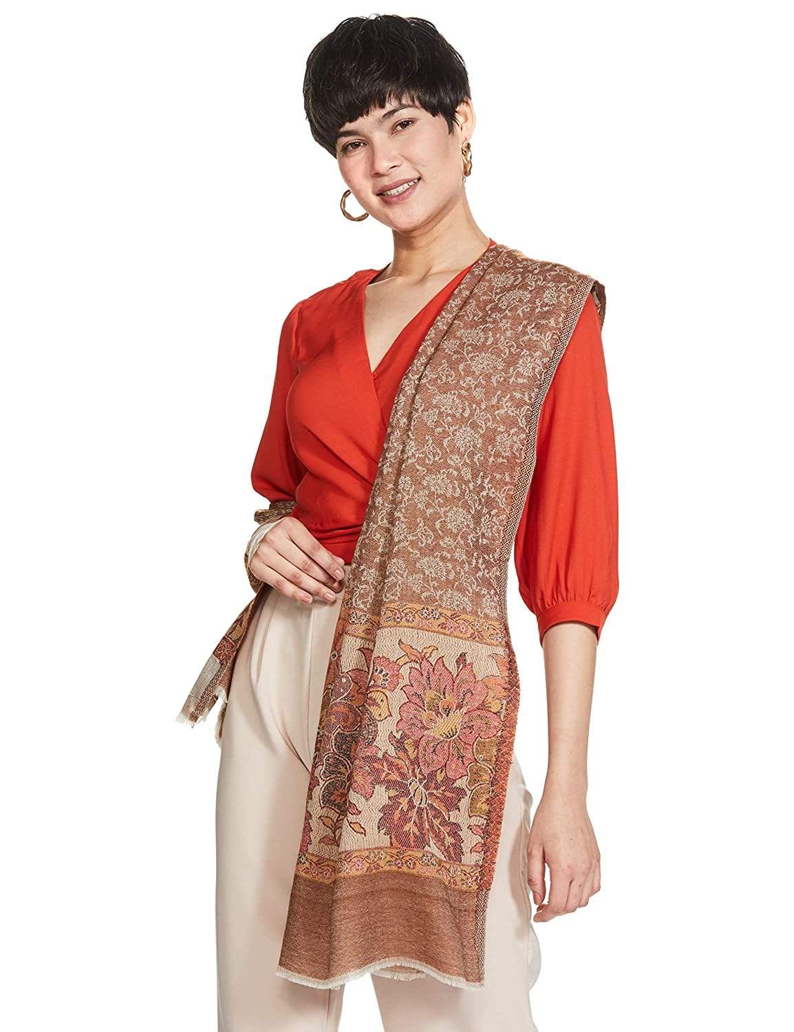 Pashtush Women'S Soft Wool Stole, Soft Wool Scarf, Floral Coffee - Image 4