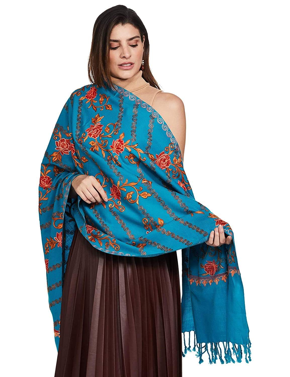 Pashtush Women Blue Coral Embroidered Designer Stole