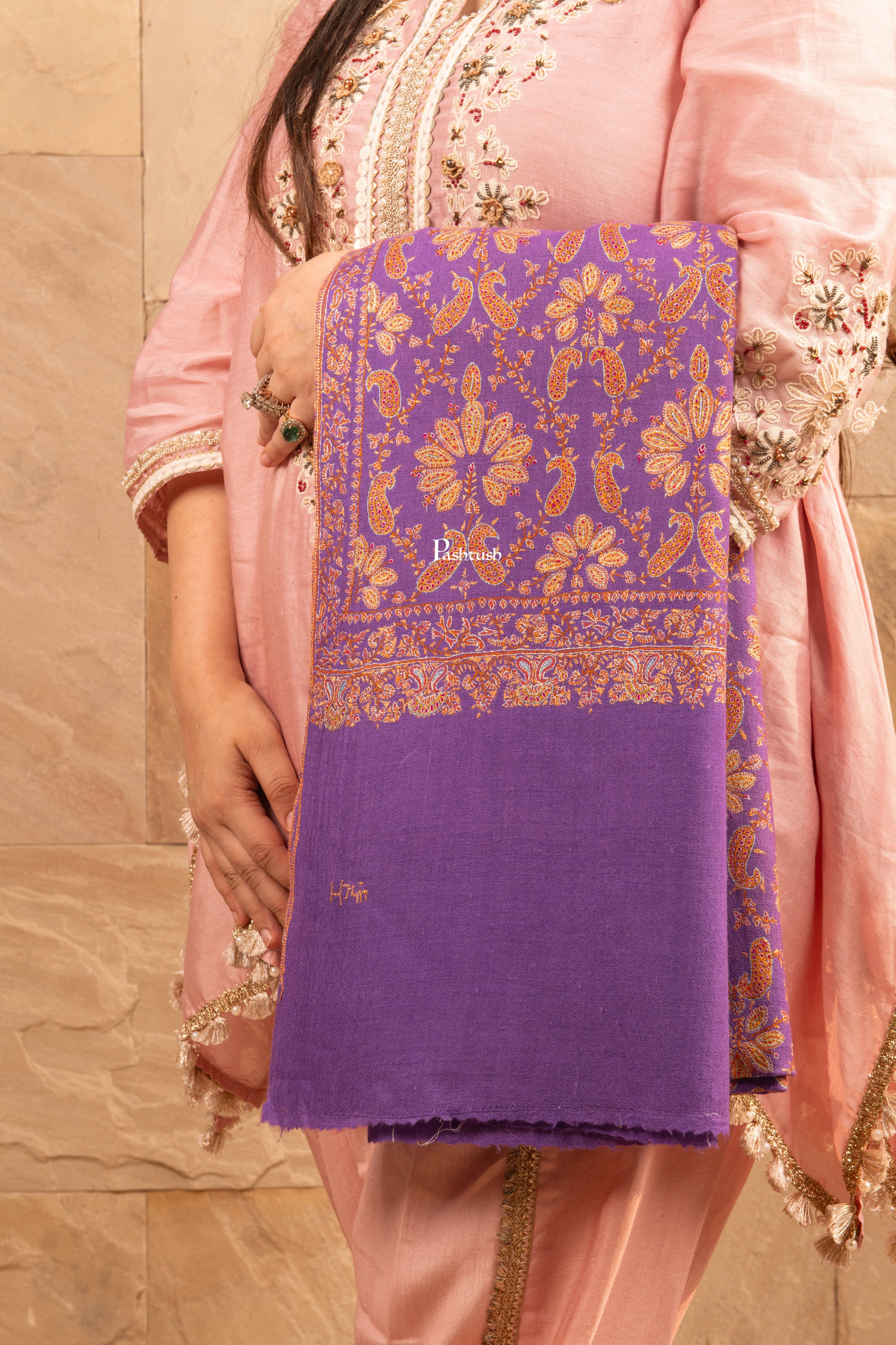 Pashtush Pure Pashmina Shawl, Heritage Jama Hand Embroidery, Lilac - Image 4