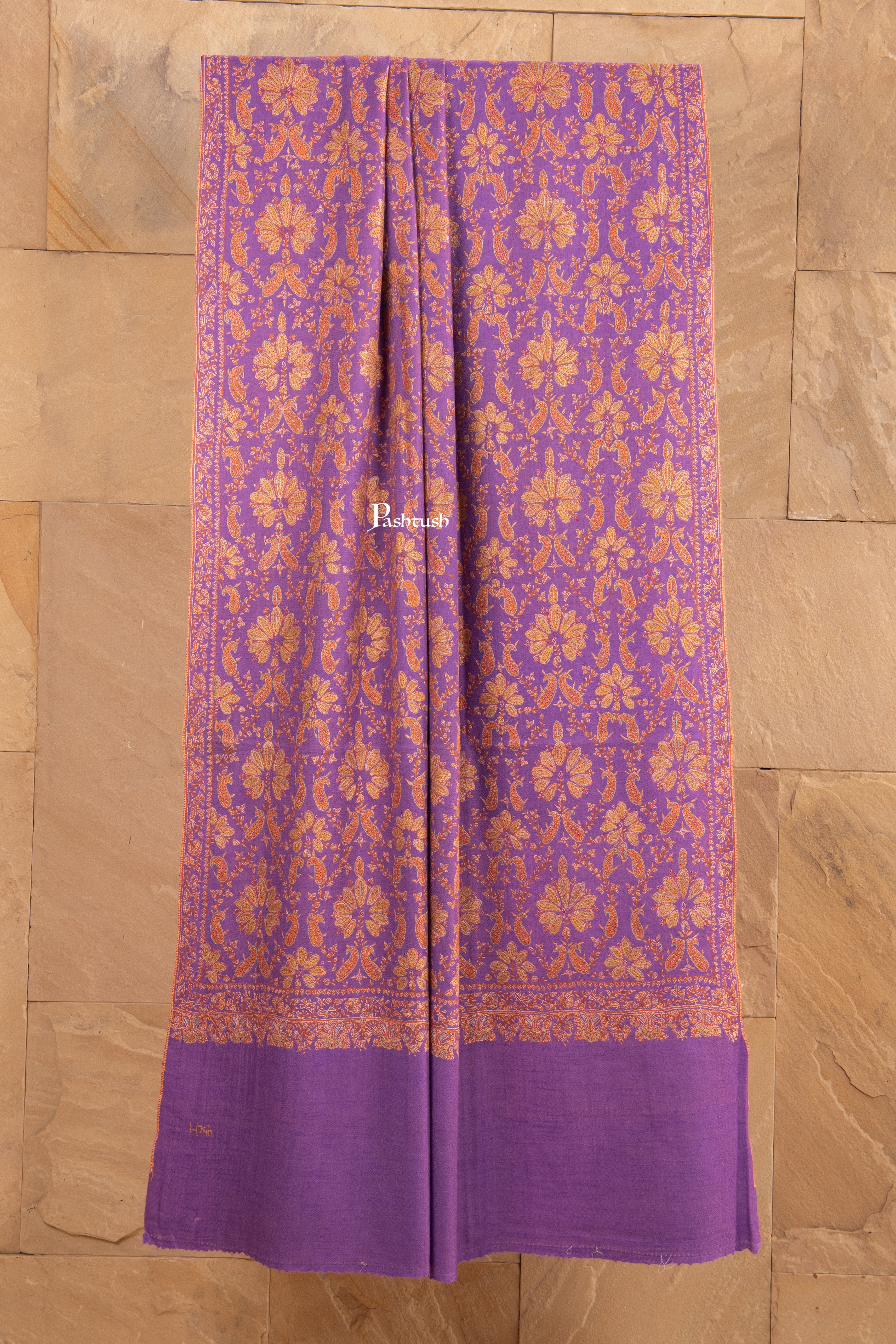 Pashtush Pure Pashmina Shawl, Heritage Jama Hand Embroidery, Lilac - Image 7