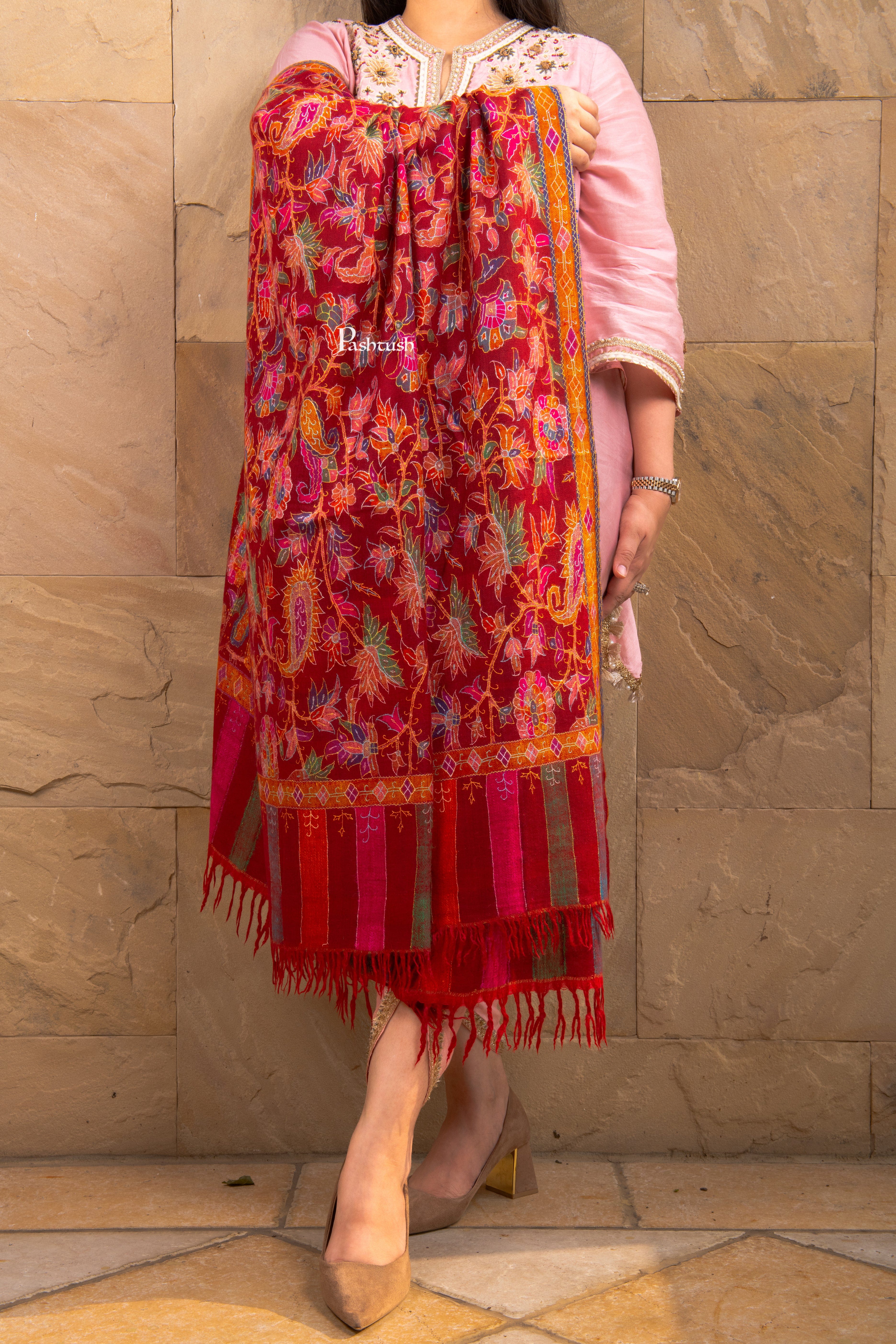 Pashtush Women’s Pure Pashmina Outline Kani Jamawar Shawl, Maroon Handwoven Kani with Delicate Outline Embroidery