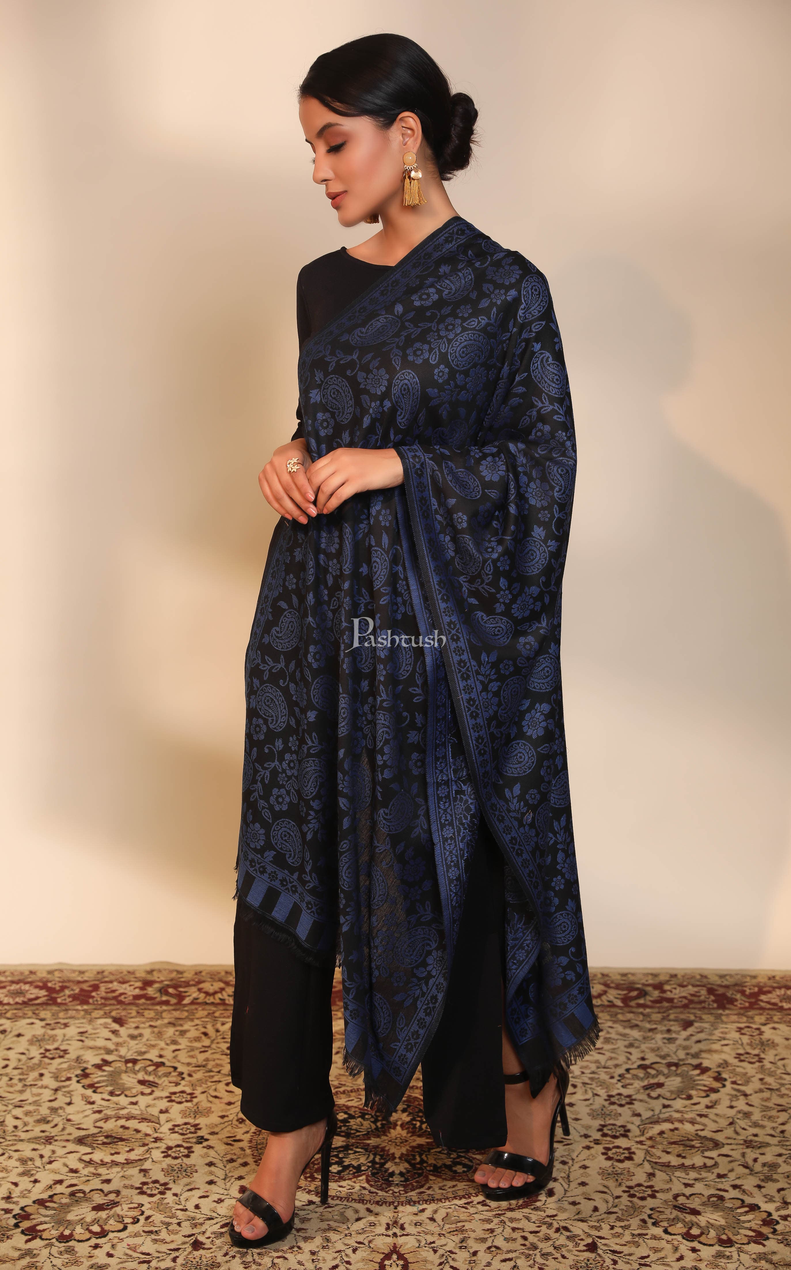 Pashtush women stole, ethnic design, black and blue - Image 6