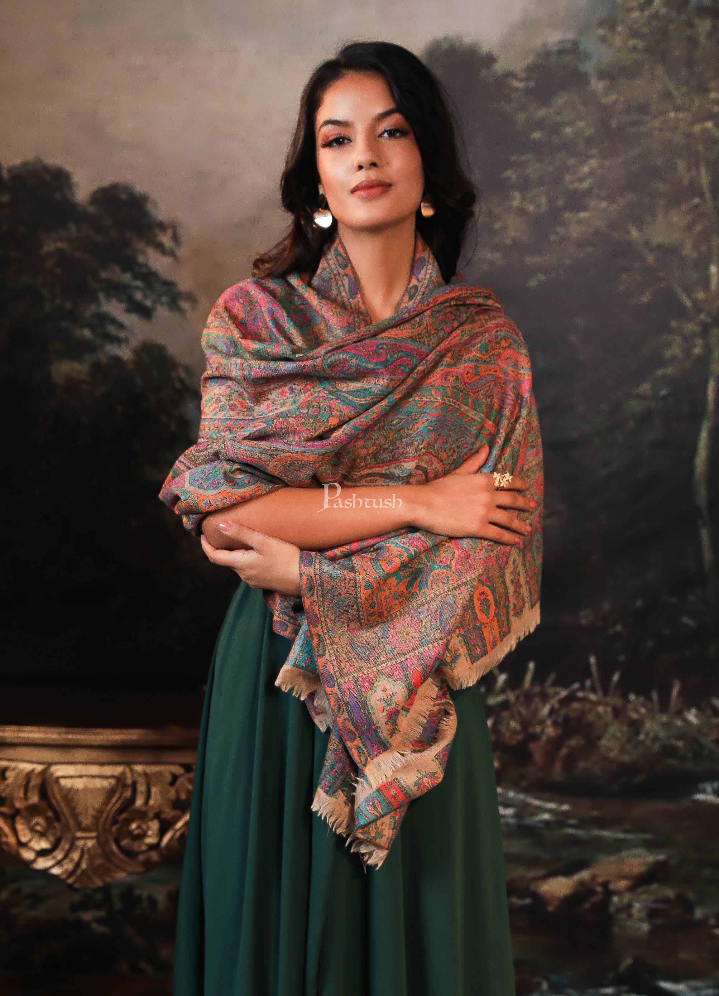Pashtush women pure wool, woolmark certified shawl, ethnic weave design, multicolour