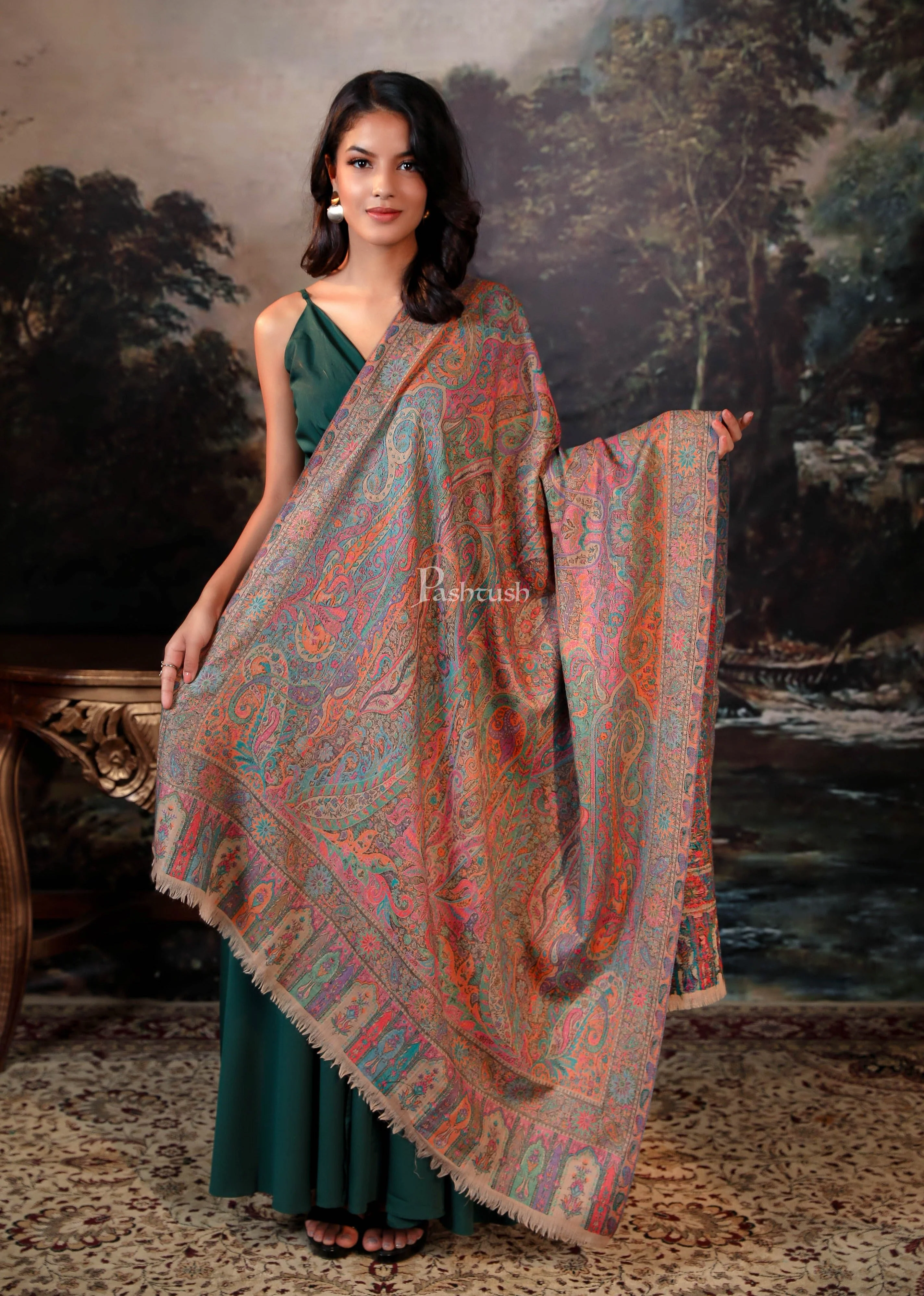 Pashtush women pure wool, woolmark certified shawl, ethnic weave design, multicolour - Image 2