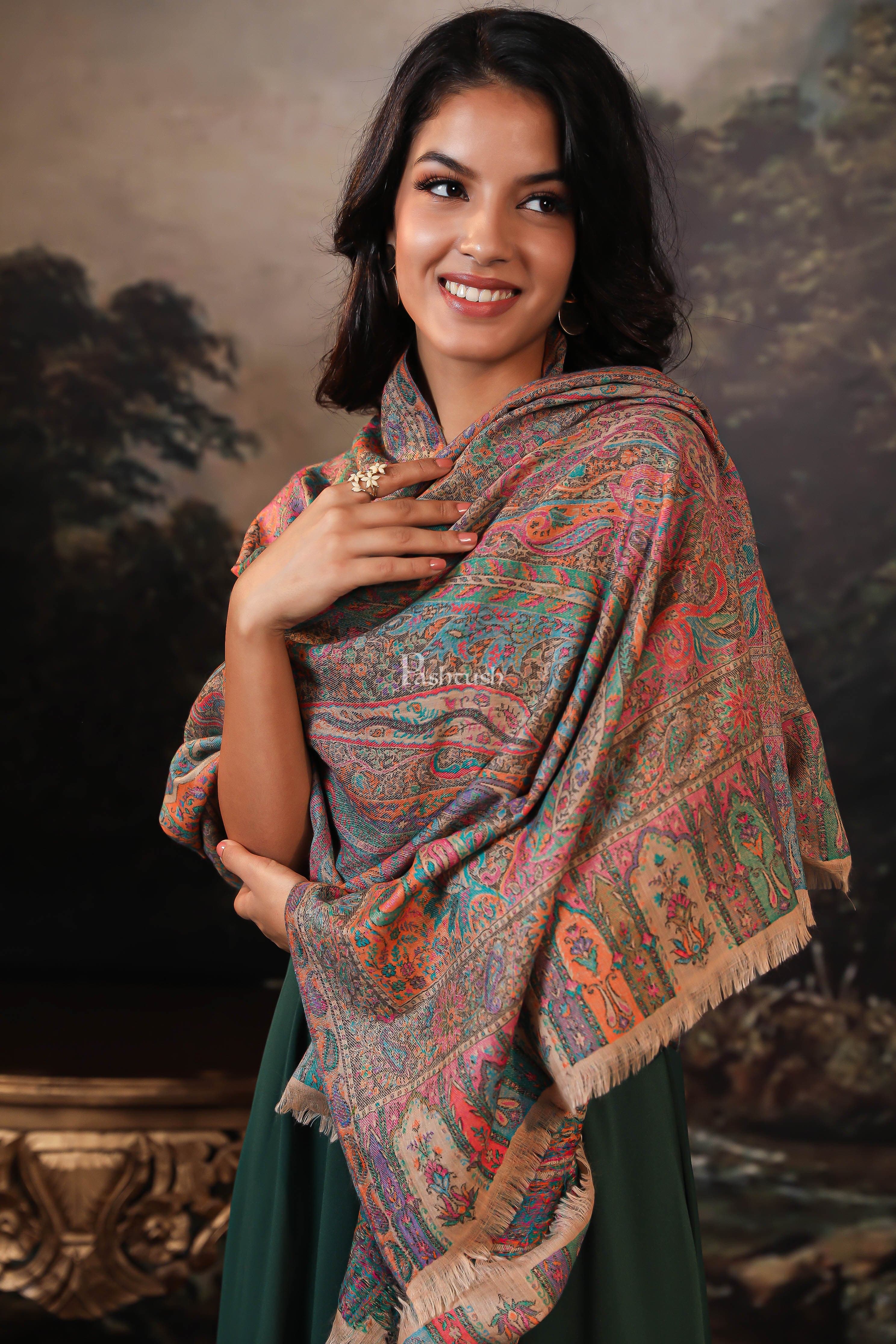 Pashtush women pure wool, woolmark certified shawl, ethnic weave design, multicolour - Image 3