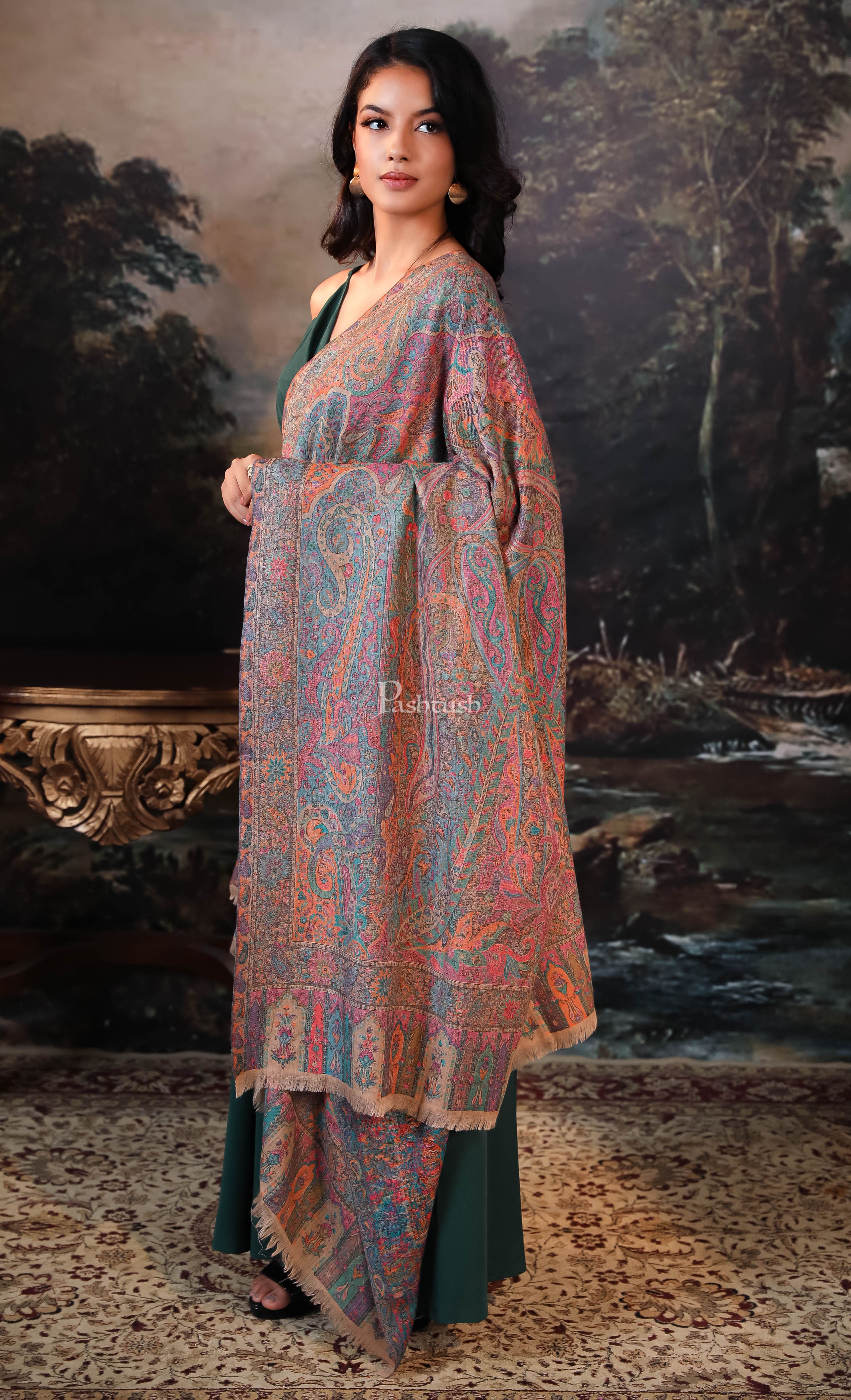 Pashtush women pure wool, woolmark certified shawl, ethnic weave design, multicolour - Image 4