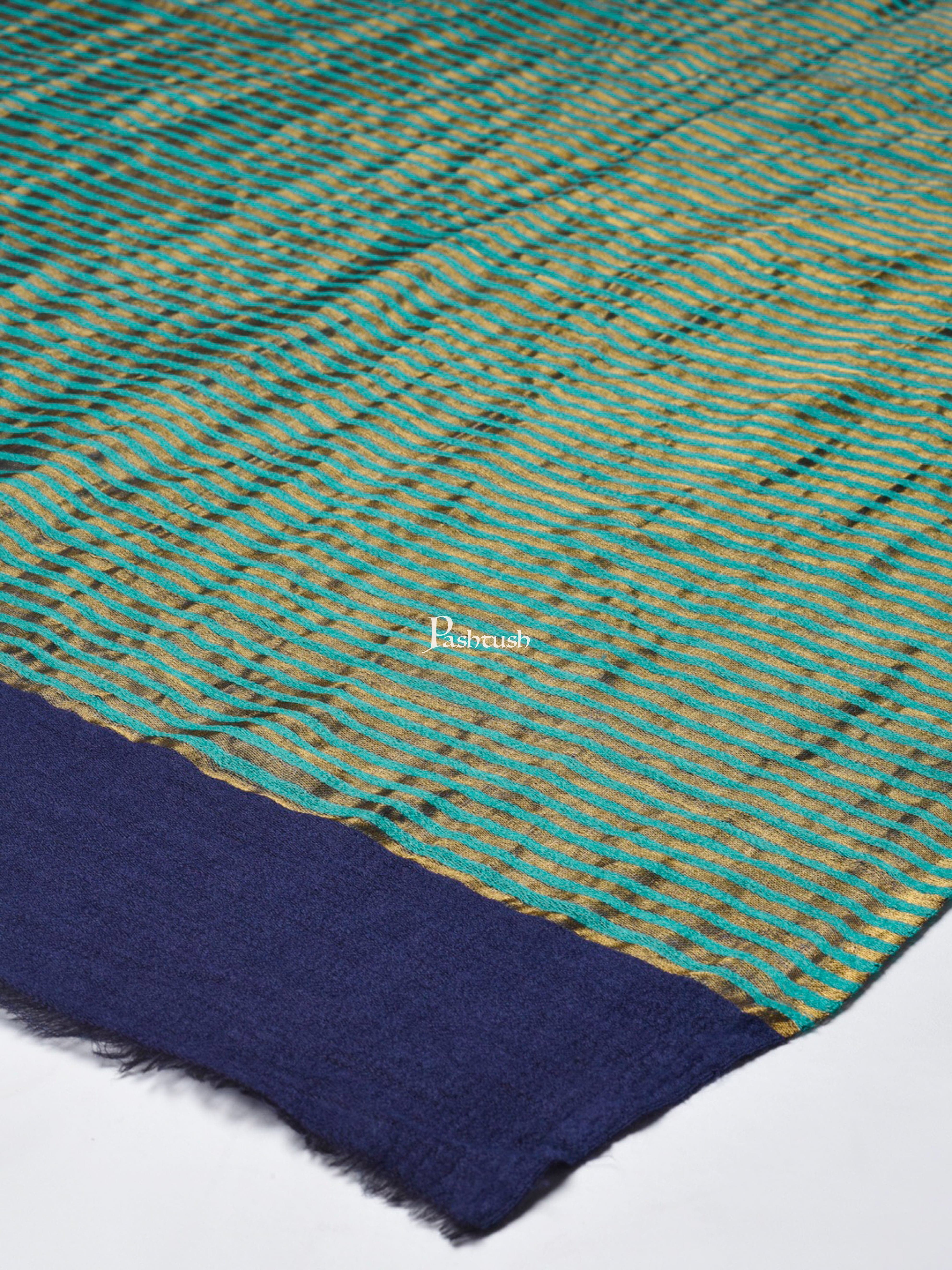Pashtush Women Twilight Collection Stole, With Bright Golden Stripes, Teal Blue - Image 2