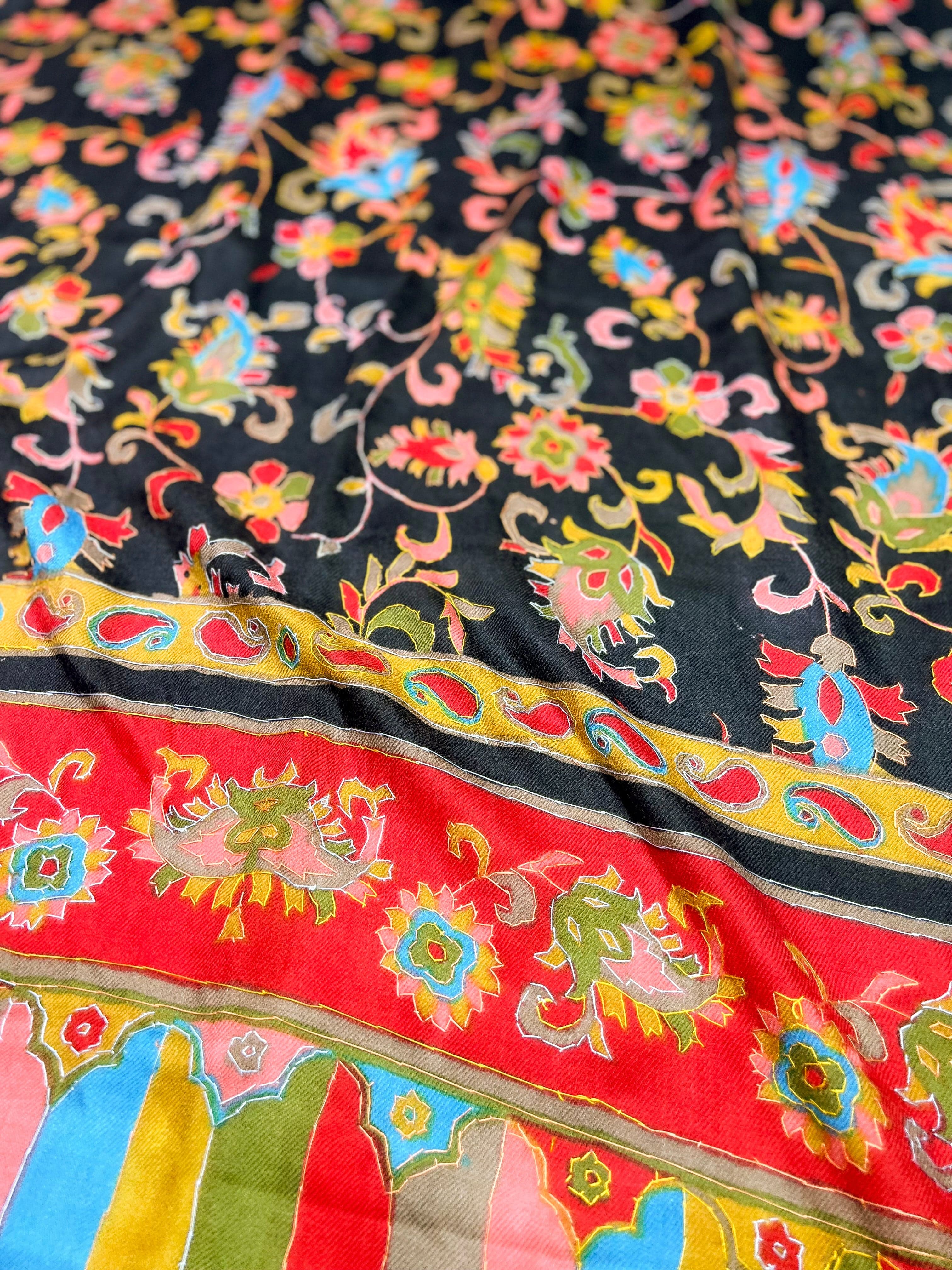 Pashtush Womens 100% Hand Embroidered Kalamkari Fine Wool Hand Printed Stole, Rich Black - Image 2
