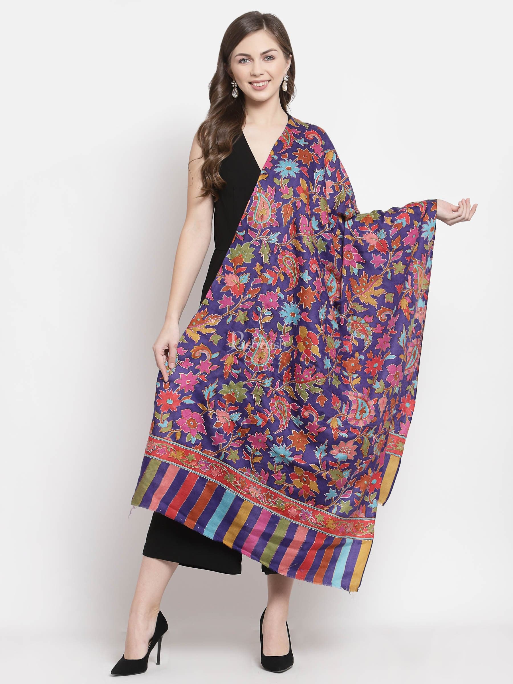 Pashtush Womens 100% Hand Embroidered Kalamkari Stole, Fine Wool, Blue