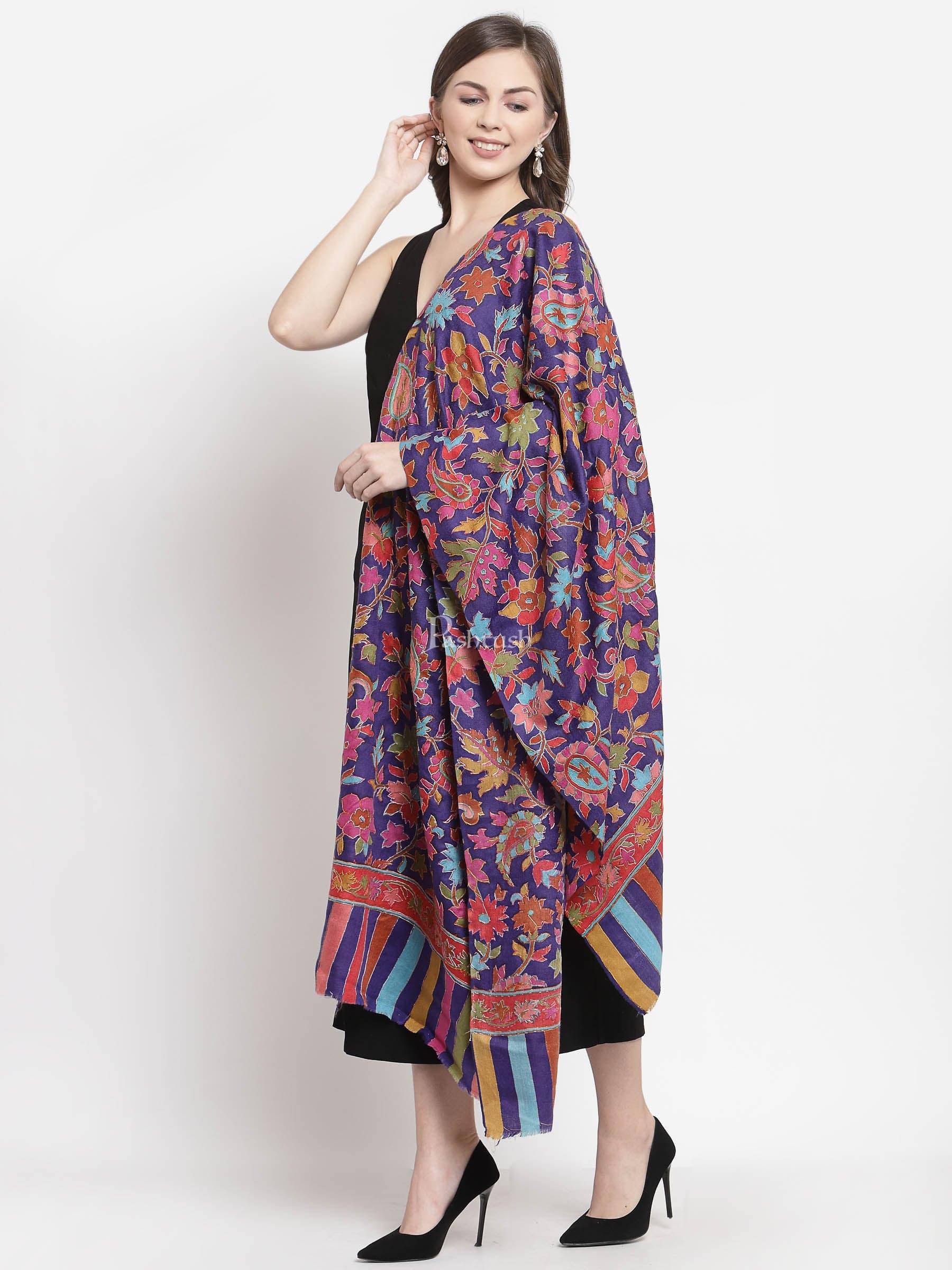 Pashtush Womens 100% Hand Embroidered Kalamkari Stole, Fine Wool, Blue - Image 4