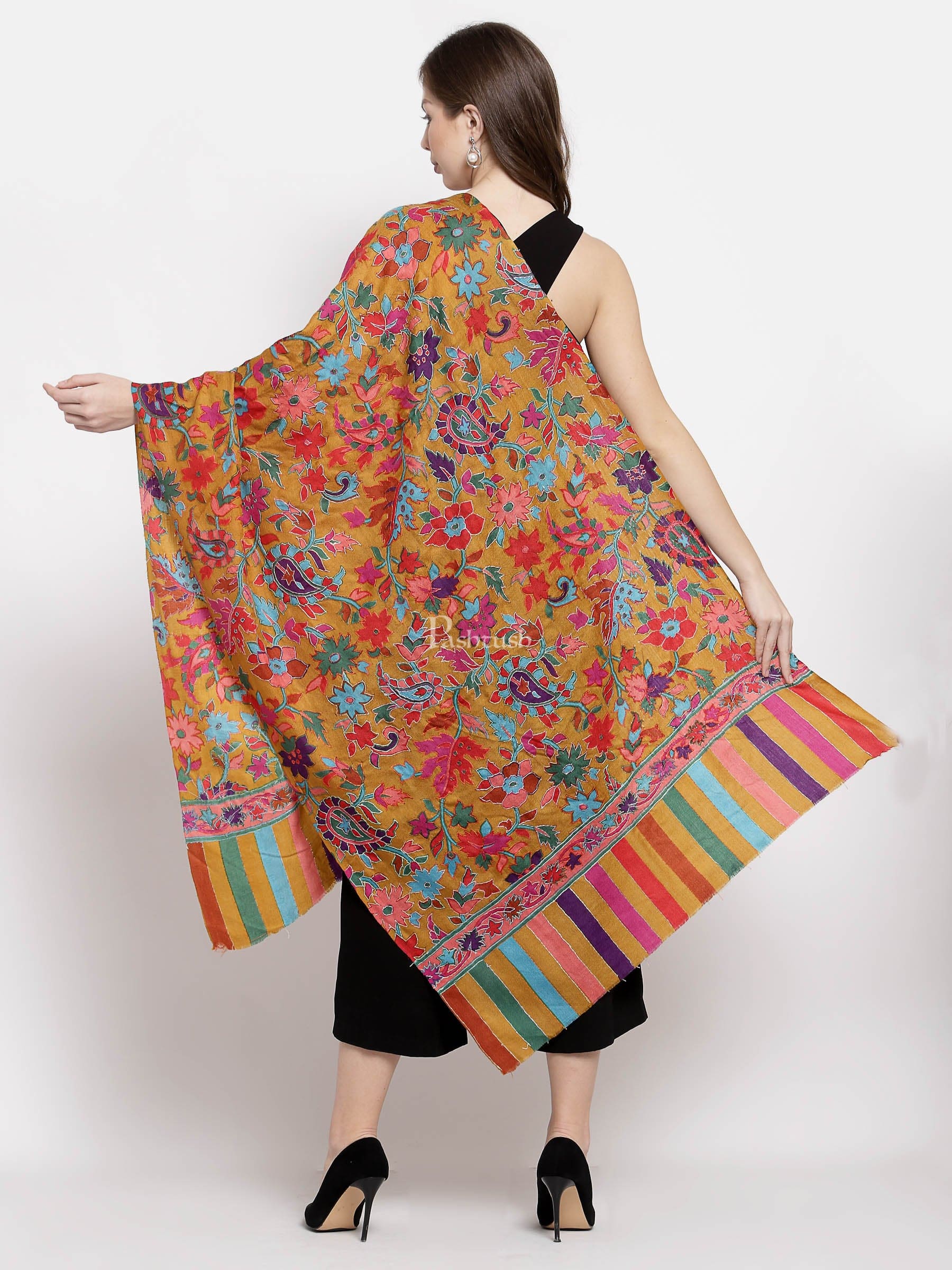 Pashtush Womens 100% Hand Embroidered Kalamkari Stole, Fine Wool, Sunflower Hues - Image 3