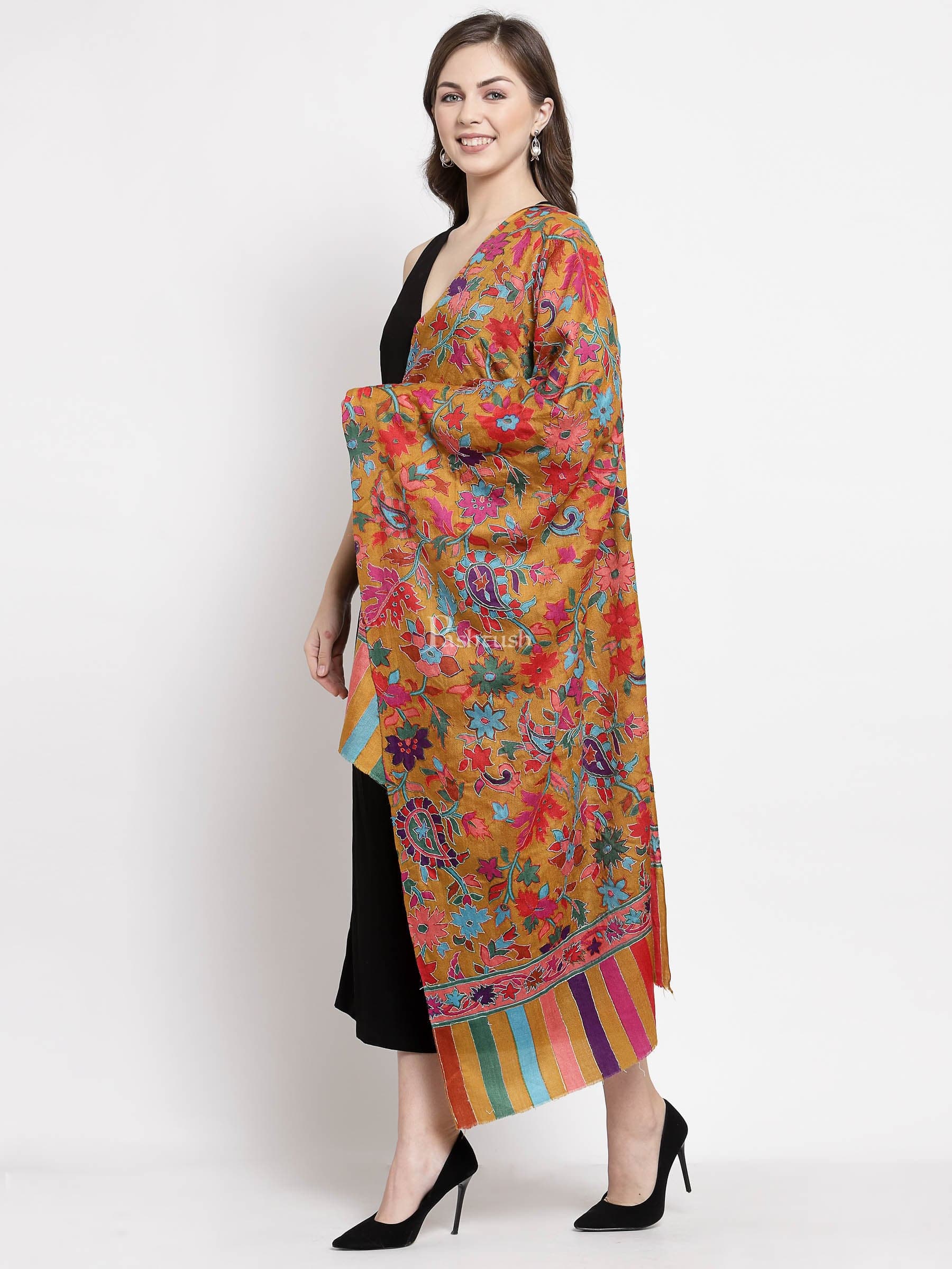 Pashtush Womens 100% Hand Embroidered Kalamkari Stole, Fine Wool, Sunflower Hues - Image 4