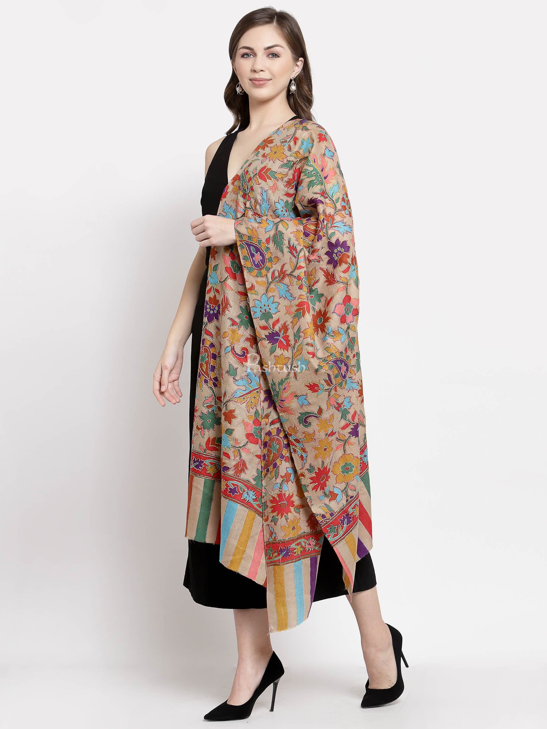 Pashtush Womens 100% Hand Embroidered Kalamkari Stole, Fine Wool, Tuscan Beige