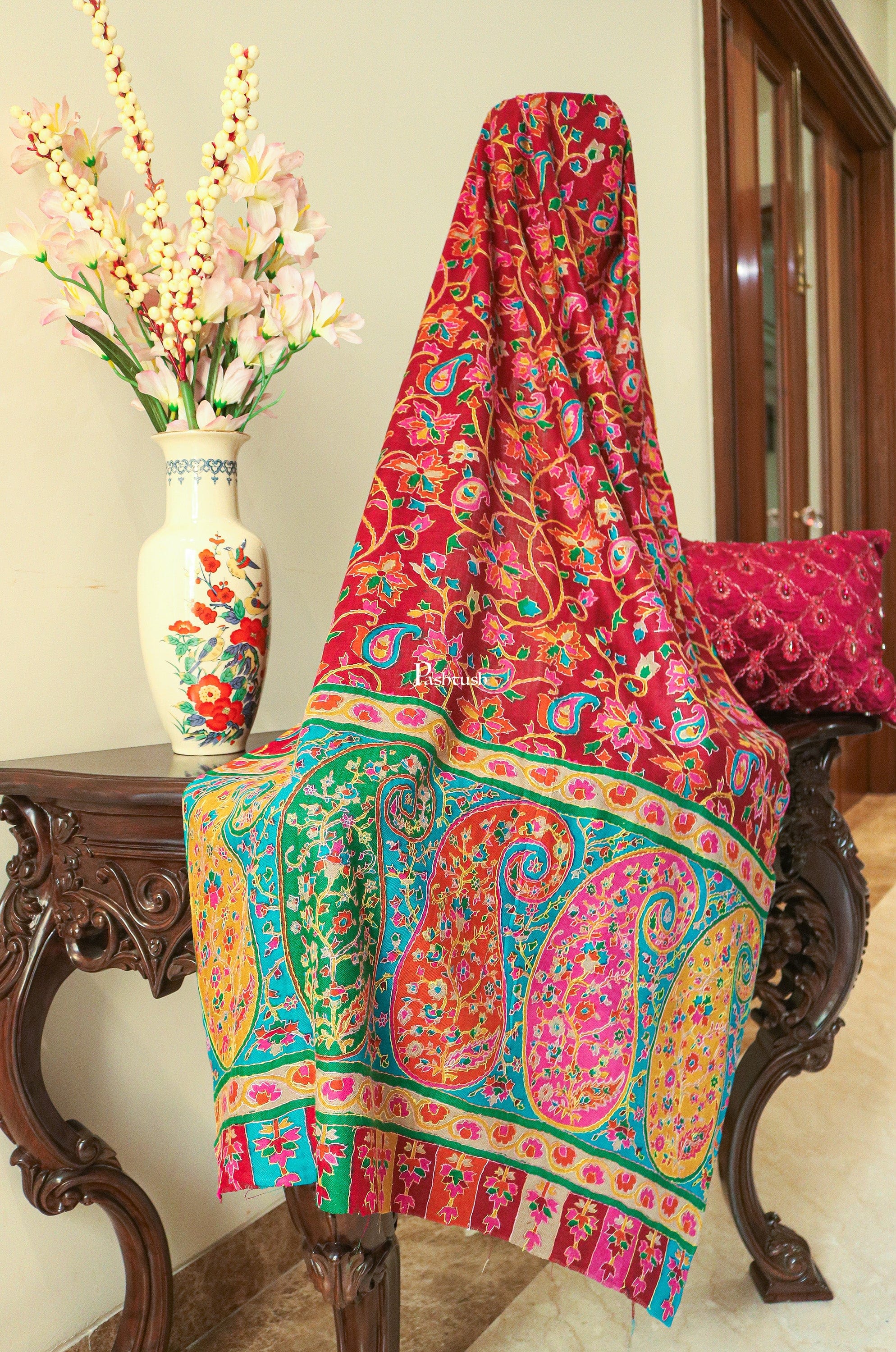 Pashtush Womens 100% hand embroidery kalamkari stole, multicolour - Image 3