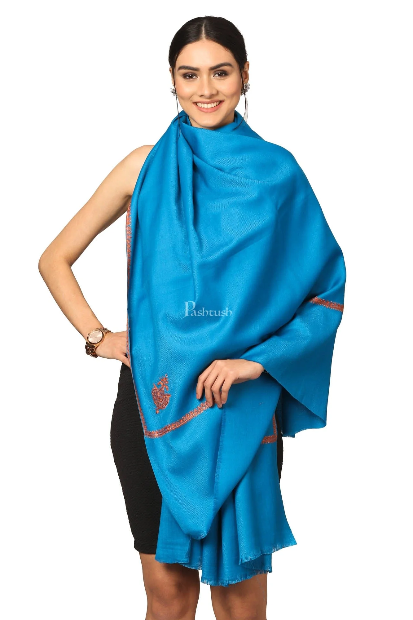 Pashtush Women'S 100% Hand Embroidery Shawl, With Kingri Fineembroidery Borderwork - Ferozi - Image 3