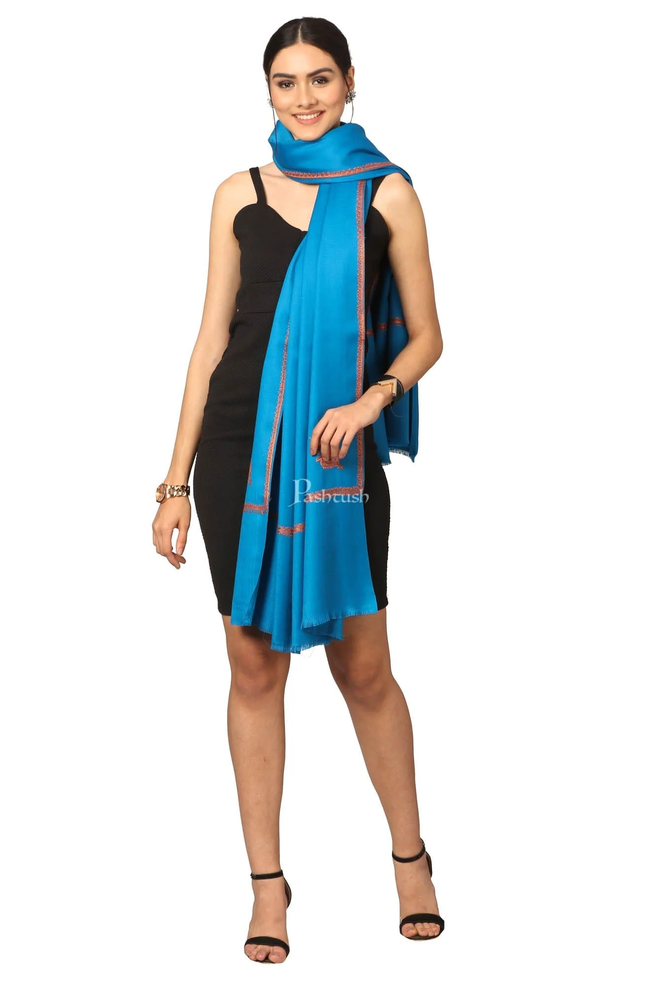 Pashtush Women'S 100% Hand Embroidery Shawl, With Kingri Fineembroidery Borderwork - Ferozi - Image 5