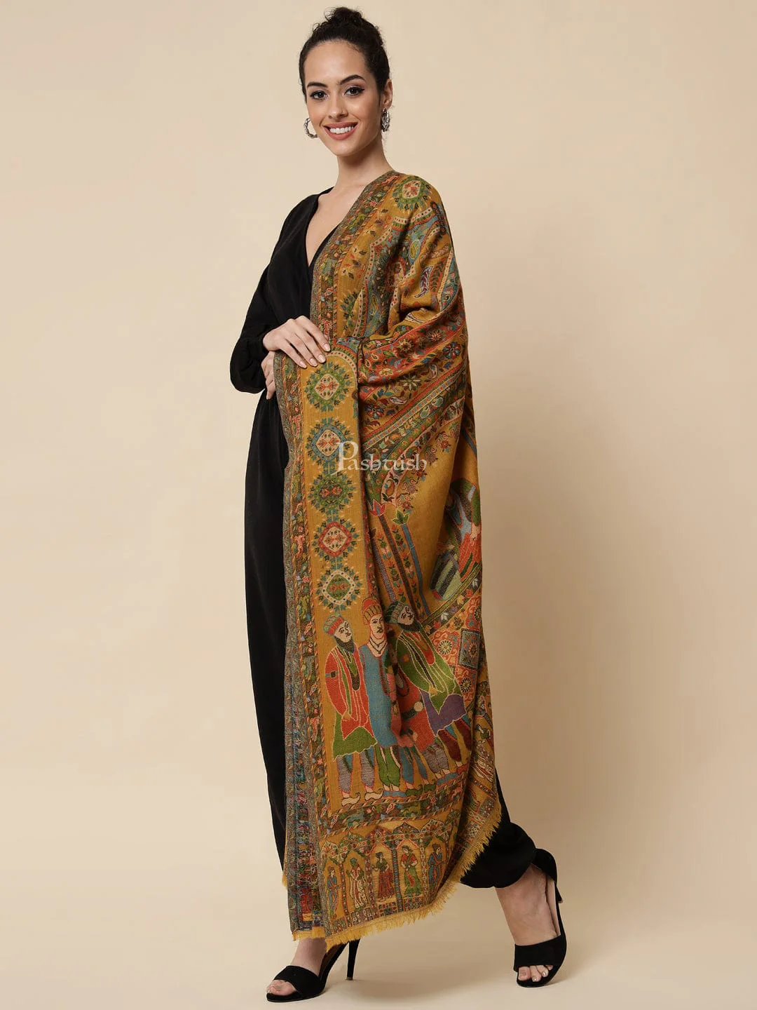 Pashtush Womens 100% Pure Wool Darbar Design Shawl, With Woolmark Certification, Mustard - Image 3