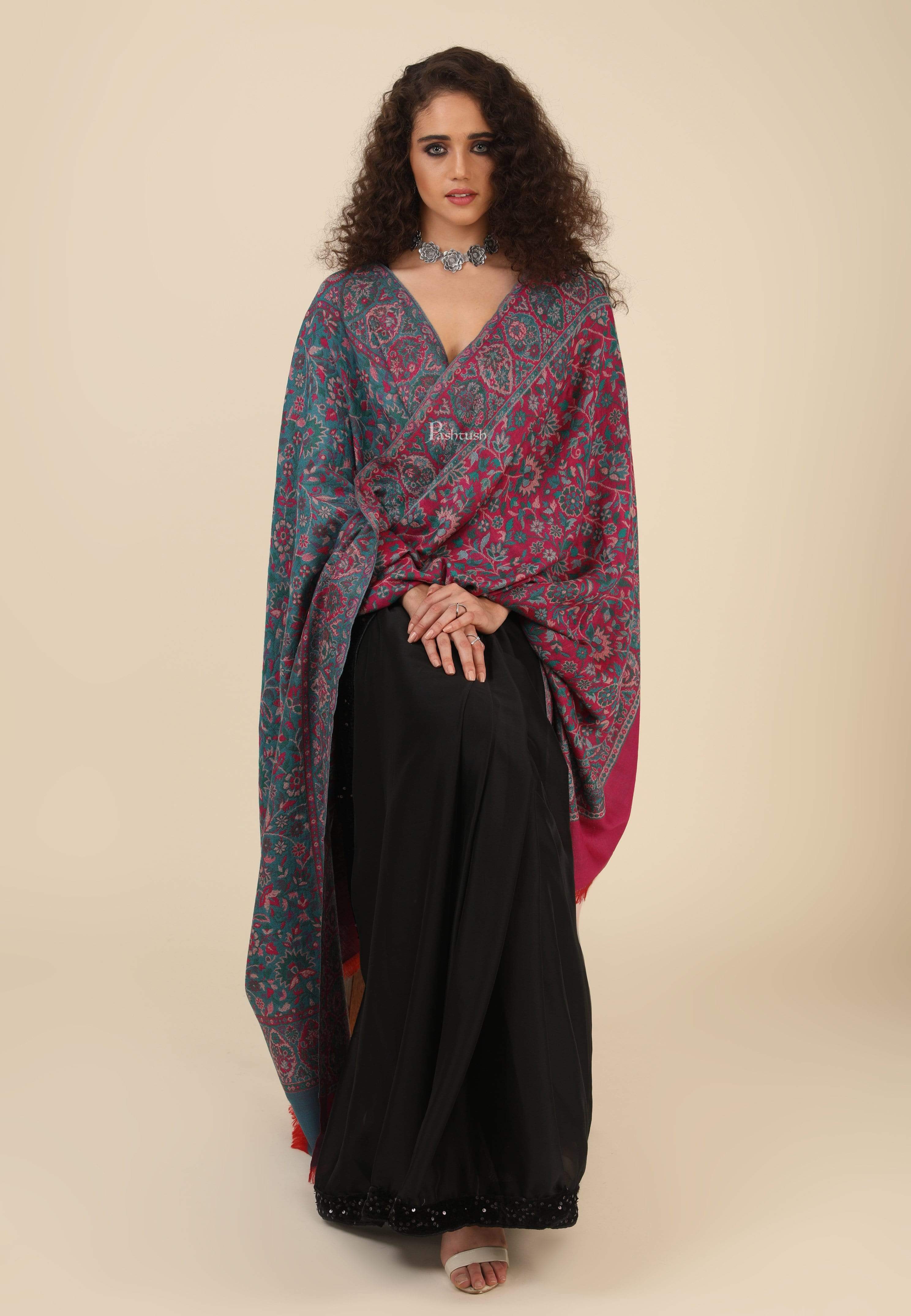 Pashtush Womens 100% Pure Wool Ethnic Weave Shawl, Soft And Warm, With Woolmark Certificate Maroon - Image 3