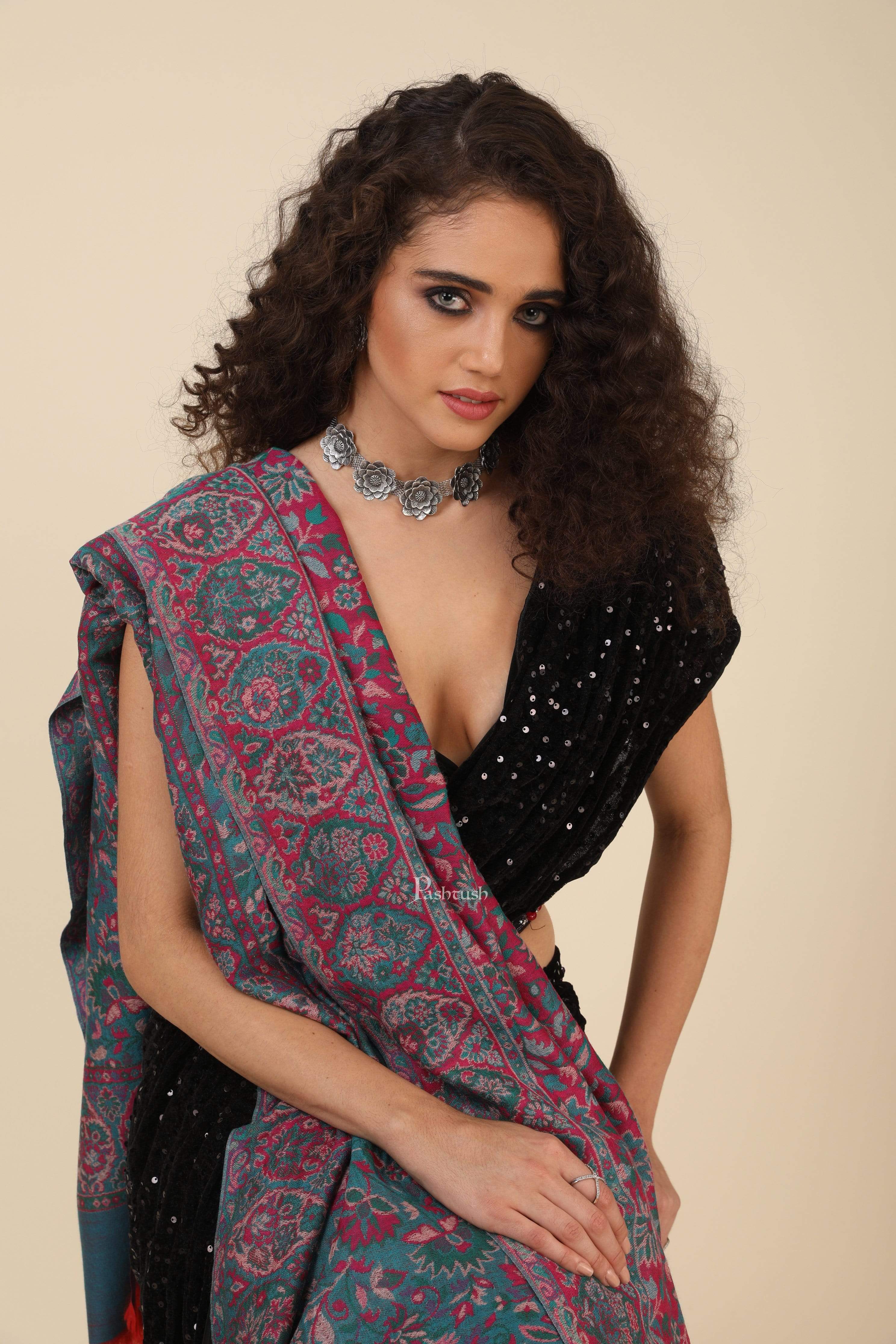 Pashtush Womens 100% Pure Wool Ethnic Weave Shawl, Soft And Warm, With Woolmark Certificate Maroon - Image 4