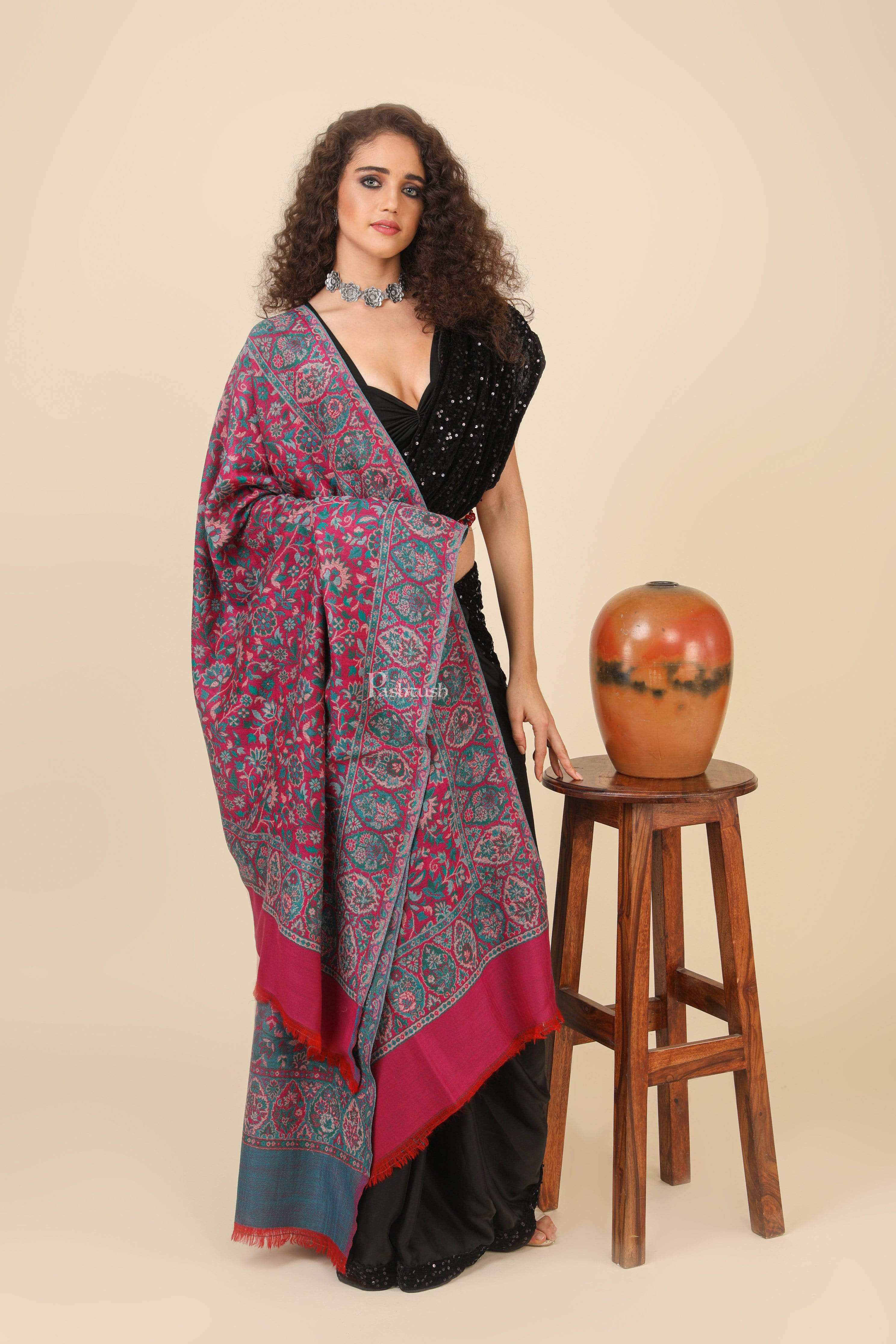 Pashtush Womens 100% Pure Wool Ethnic Weave Shawl, Soft And Warm, With Woolmark Certificate Maroon - Image 5