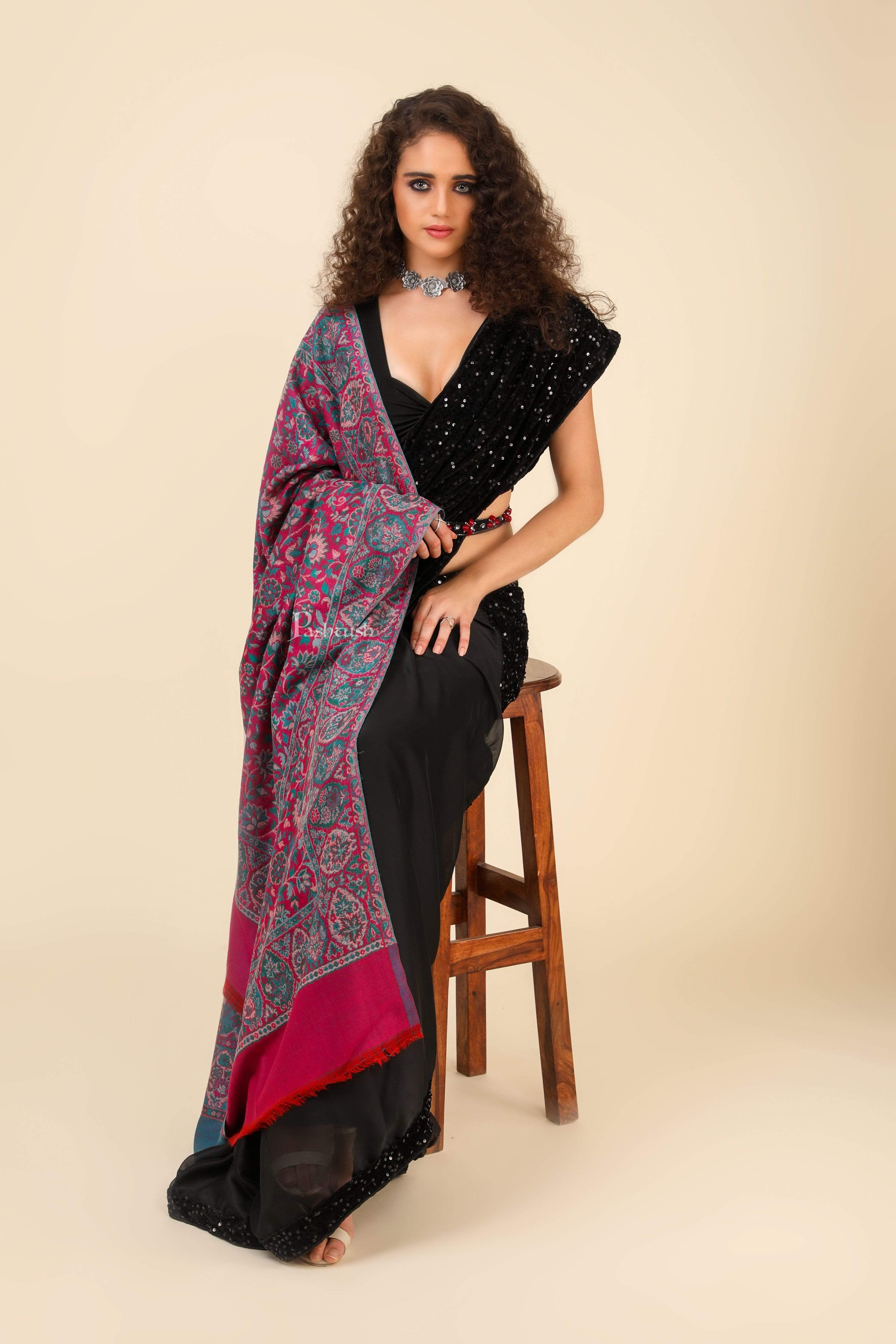 Pashtush Womens 100% Pure Wool Ethnic Weave Shawl, Soft And Warm, With Woolmark Certificate Maroon - Image 6