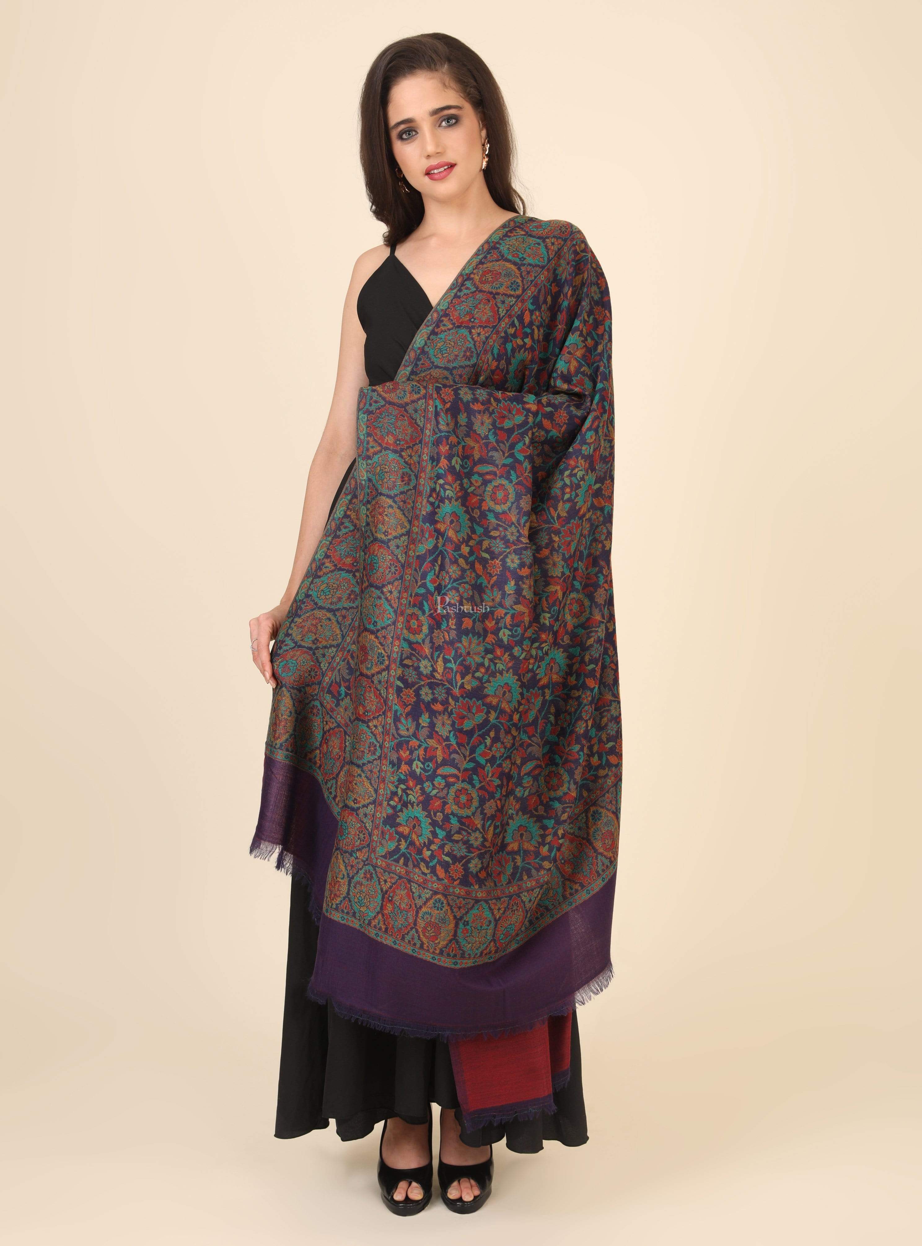 Pashtush Womens 100% Pure Wool Twin Color Reversible Ethnic Weave Shawl, Soft And Warm, With Woolmark Certificate Black - Image 5