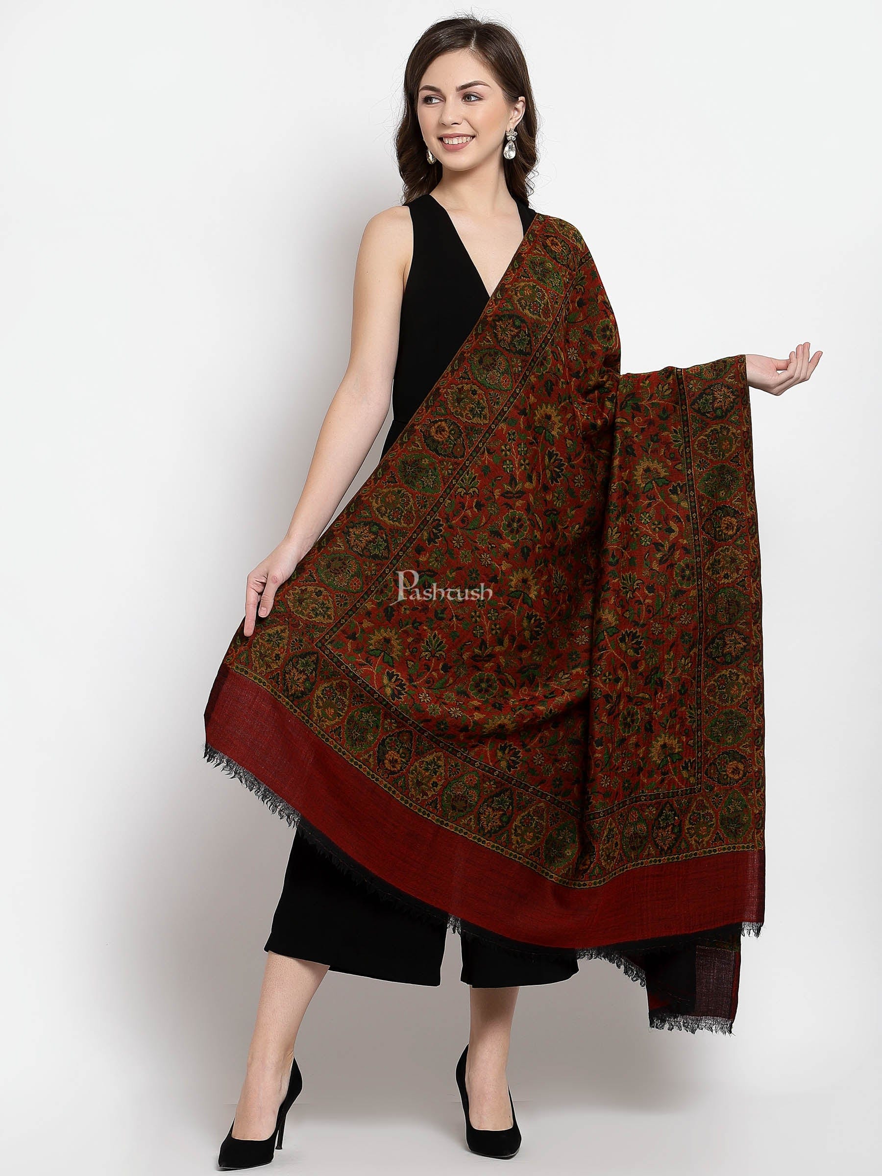 Pashtush Womens 100% Pure Wool Twin Color Reversible Ethnic Weave Shawl, Soft And Warm, With Woolmark Certificate